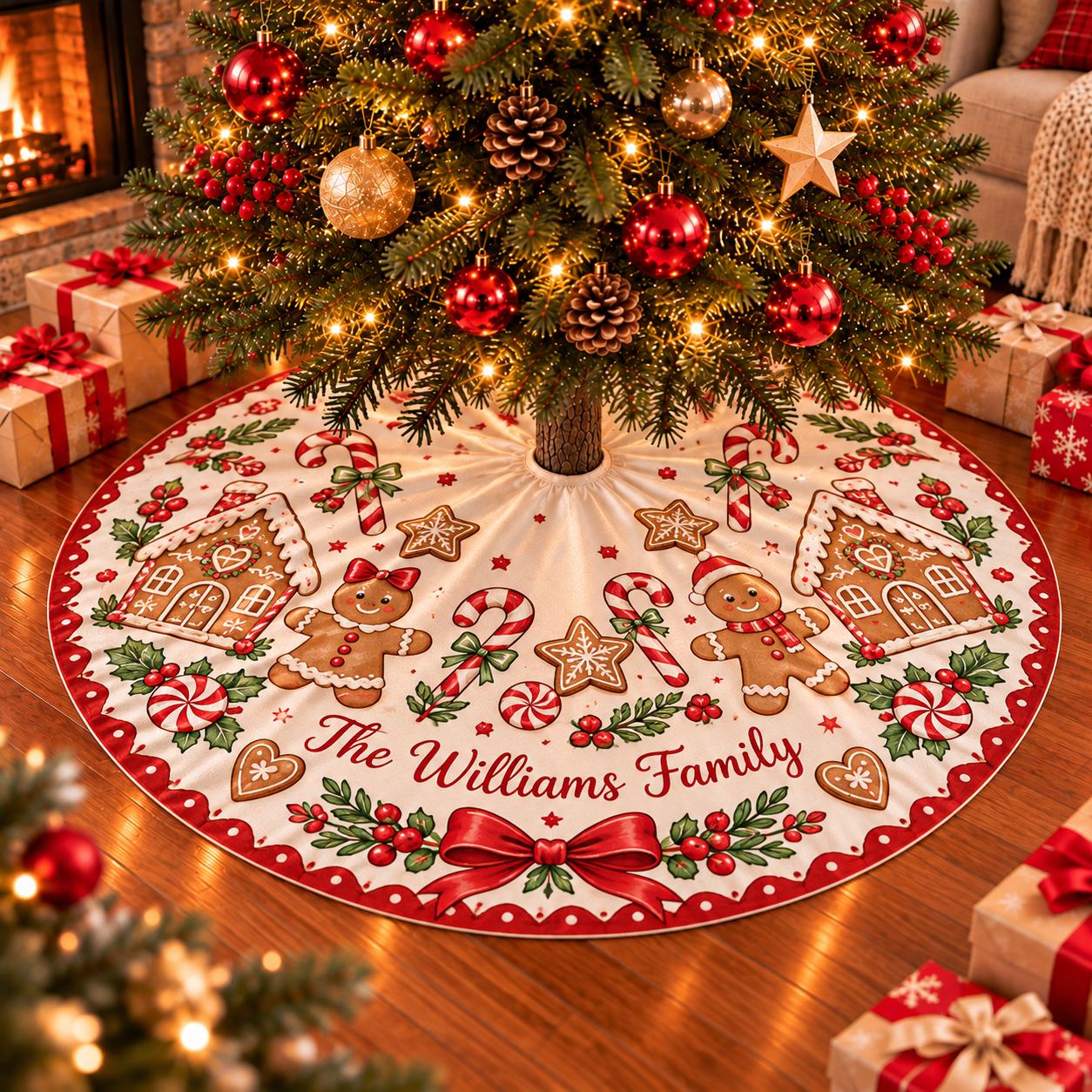 Gingerbread Candy Cane Christmas Tree Skirt with Custom Family Name, Festive Holiday Decor with Gingerbread Houses and Bows