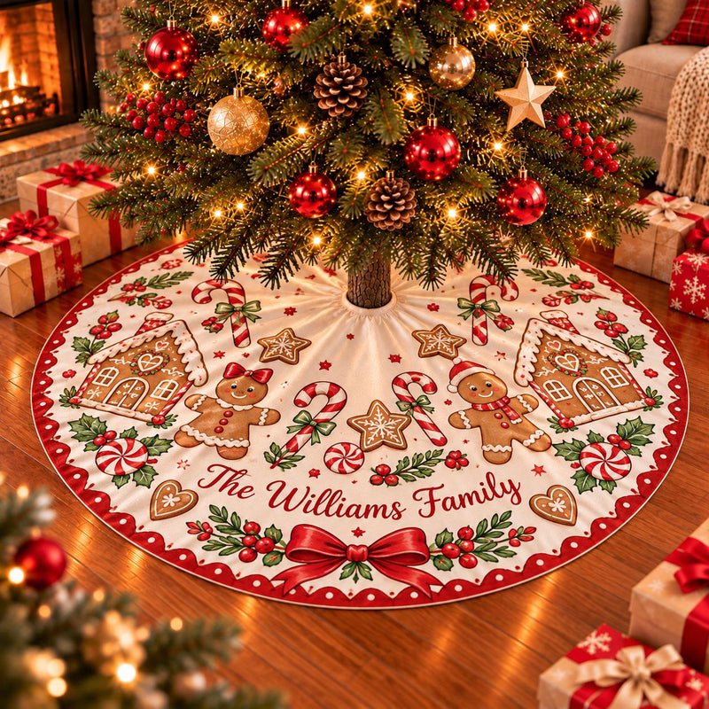 Gingerbread Candy Cane Christmas Tree Skirt with Custom Family Name, Festive Holiday Decor with Gingerbread Houses and Bows
