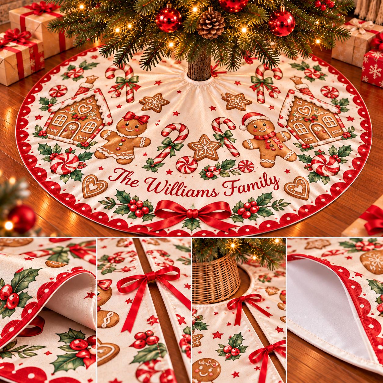 Gingerbread Candy Cane Christmas Tree Skirt with Custom Family Name, Festive Holiday Decor with Gingerbread Houses and Bows