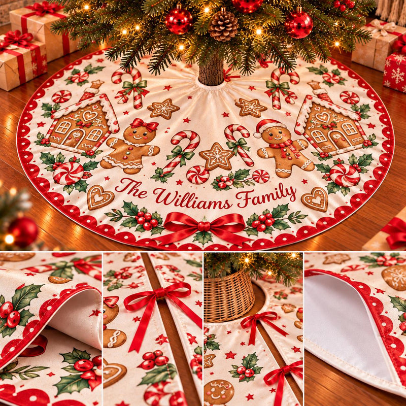Gingerbread Candy Cane Christmas Tree Skirt with Custom Family Name, Festive Holiday Decor with Gingerbread Houses and Bows