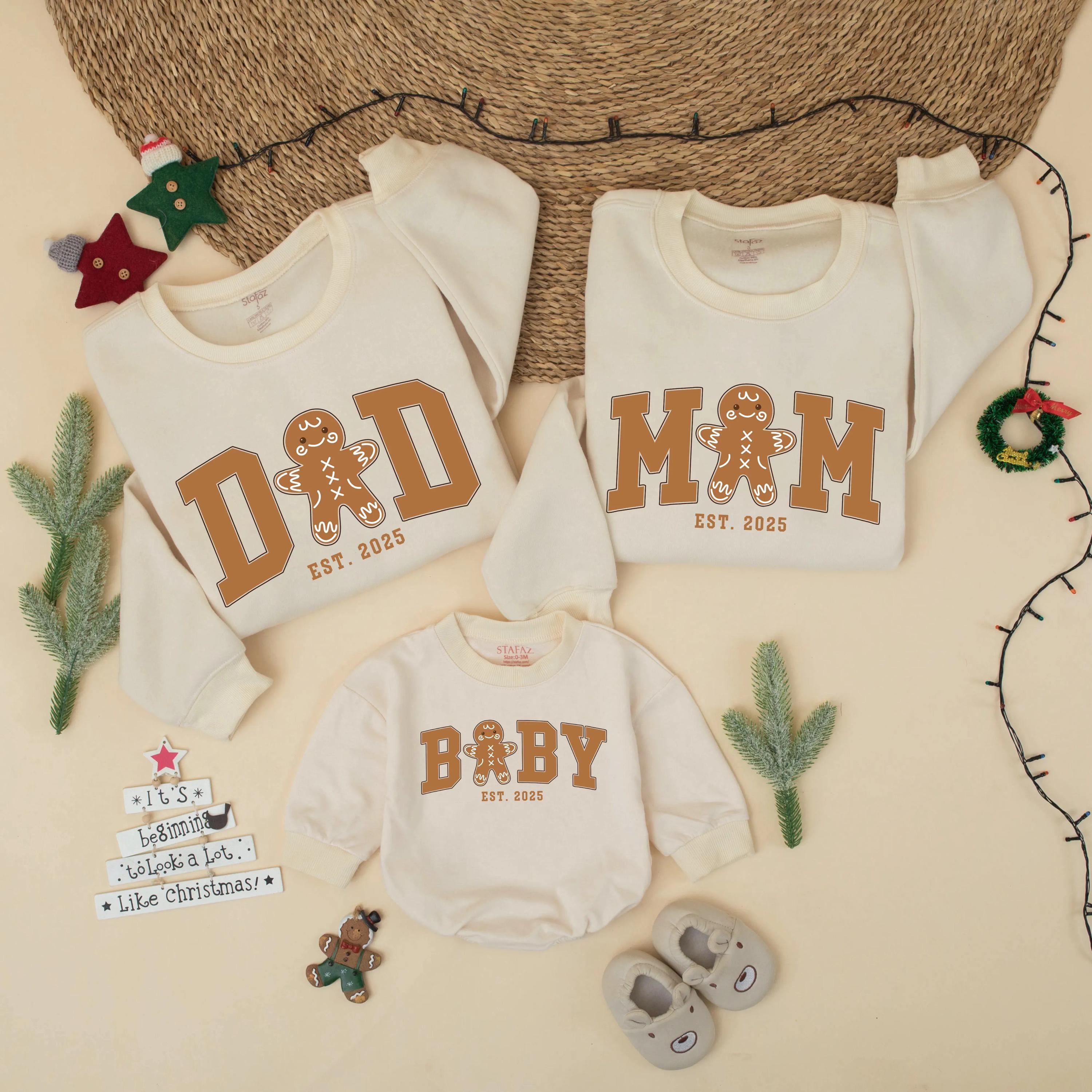 Gingerbread Family Matching Christmas Sweatshirts with Est. Year, Holiday Mommy & Me Outfits, Baby Announcement Gift