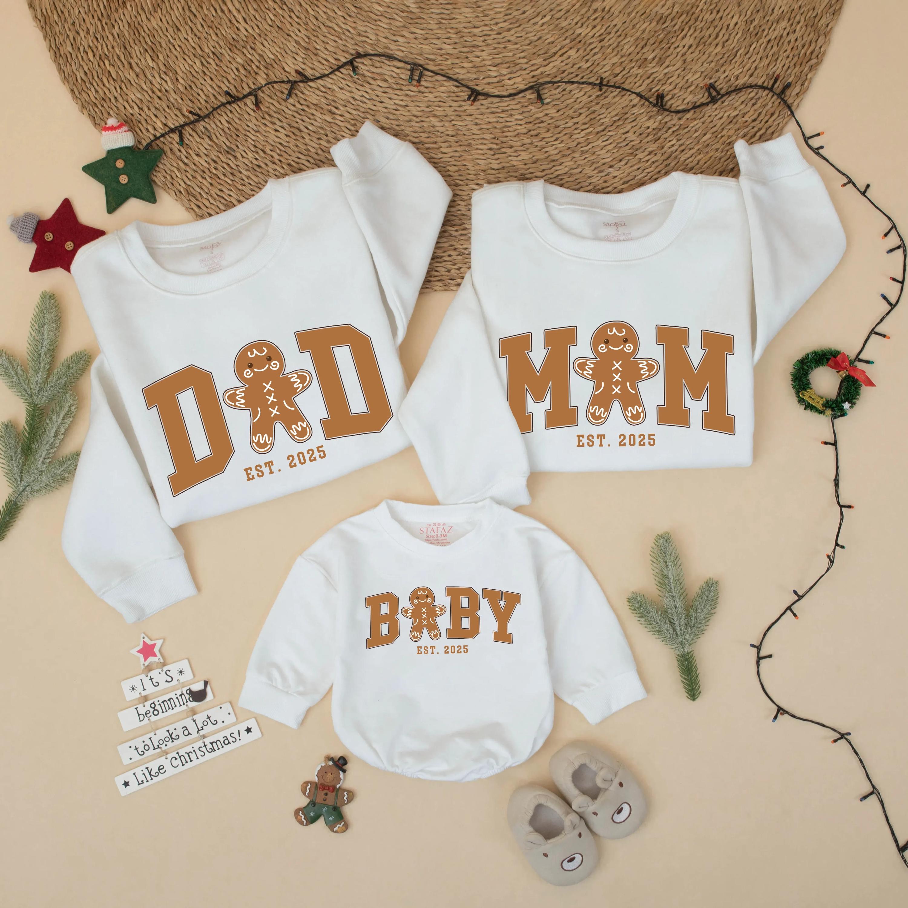 Gingerbread Family Matching Christmas Sweatshirts with Est. Year, Holiday Mommy & Me Outfits, Baby Announcement Gift
