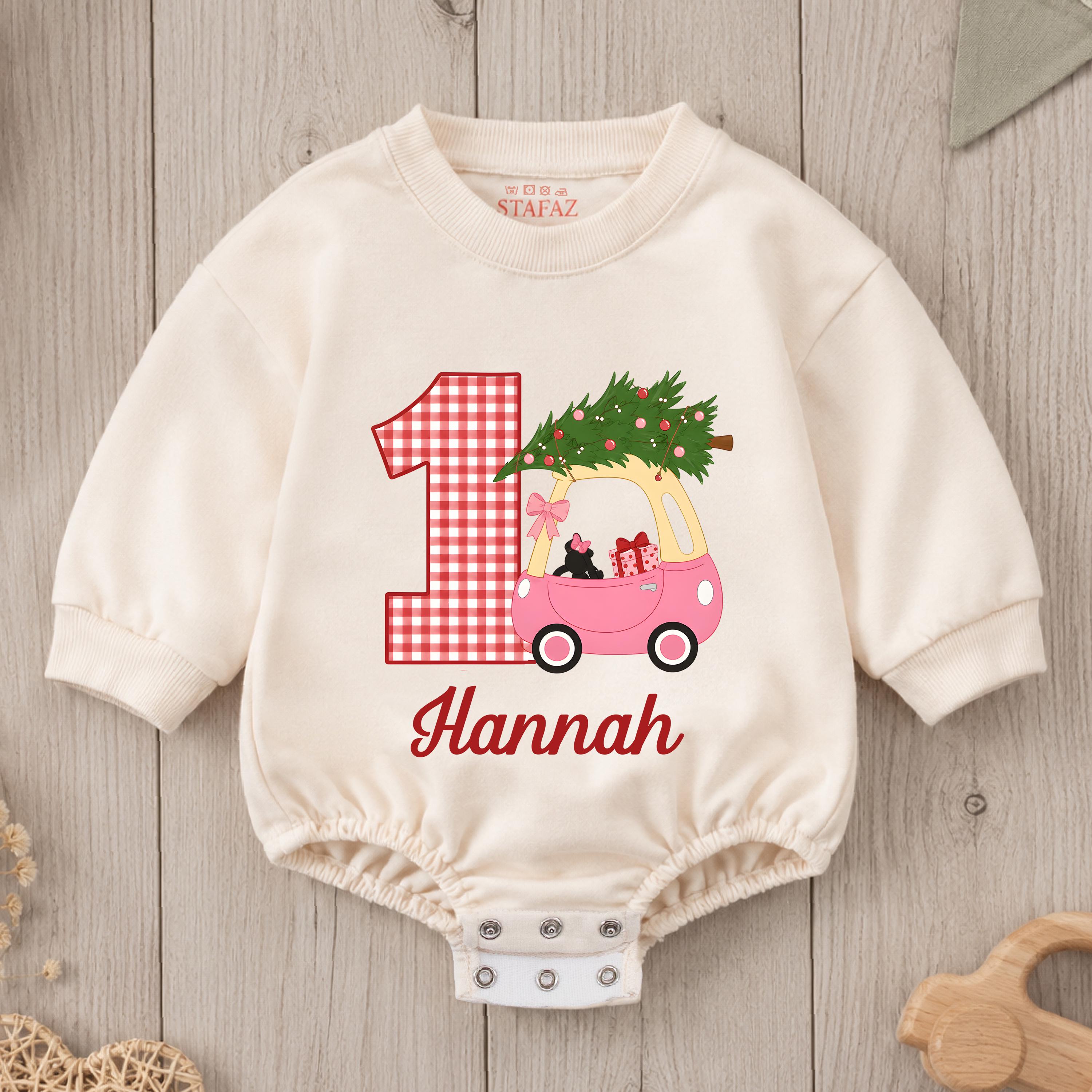 Gingham Christmas Car Baby Romper with Custom Name, Infant 1st Birthday Outfit with Tree and Bow Motif