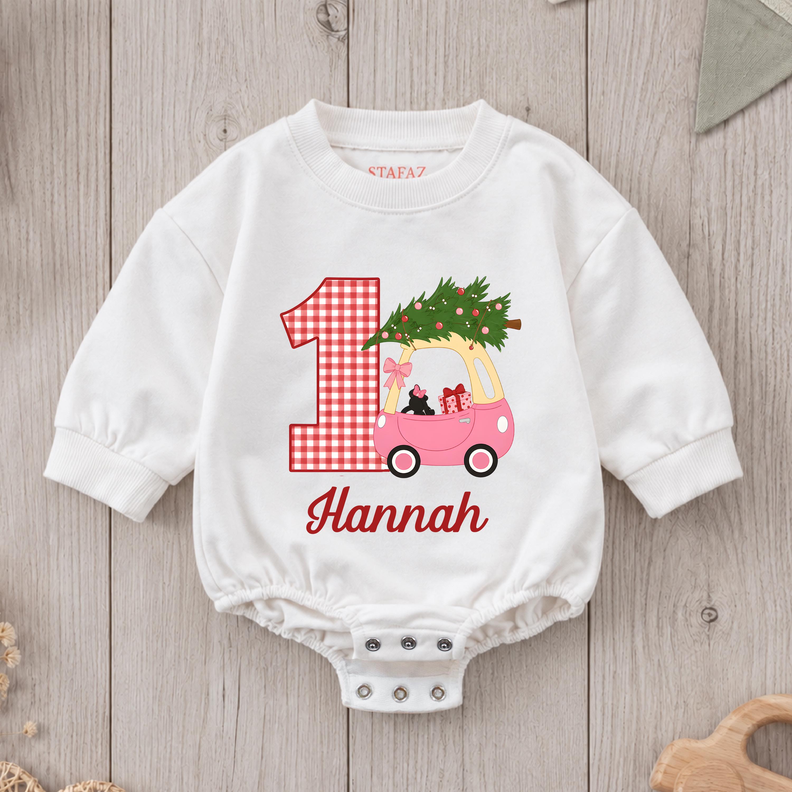 Gingham Christmas Car Baby Romper with Custom Name, Infant 1st Birthday Outfit with Tree and Bow Motif