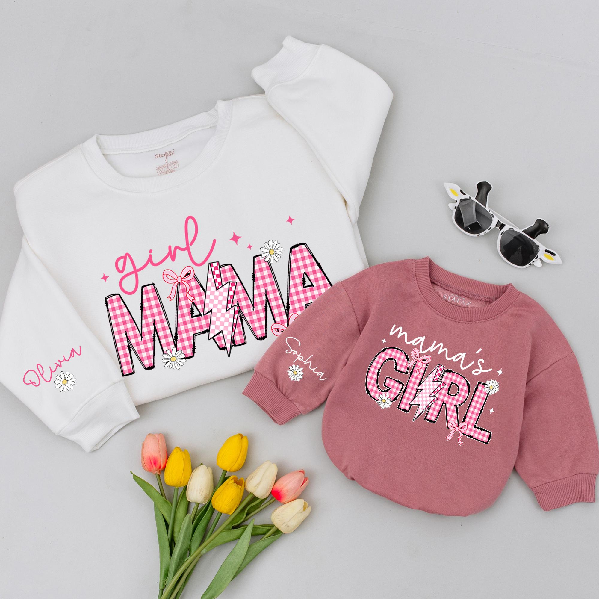 Girl Mama and Mama’s Girl Checkered Lightning Bolt Sweatshirts with Custom Names, Cute Mommy and Me Matching Outfits