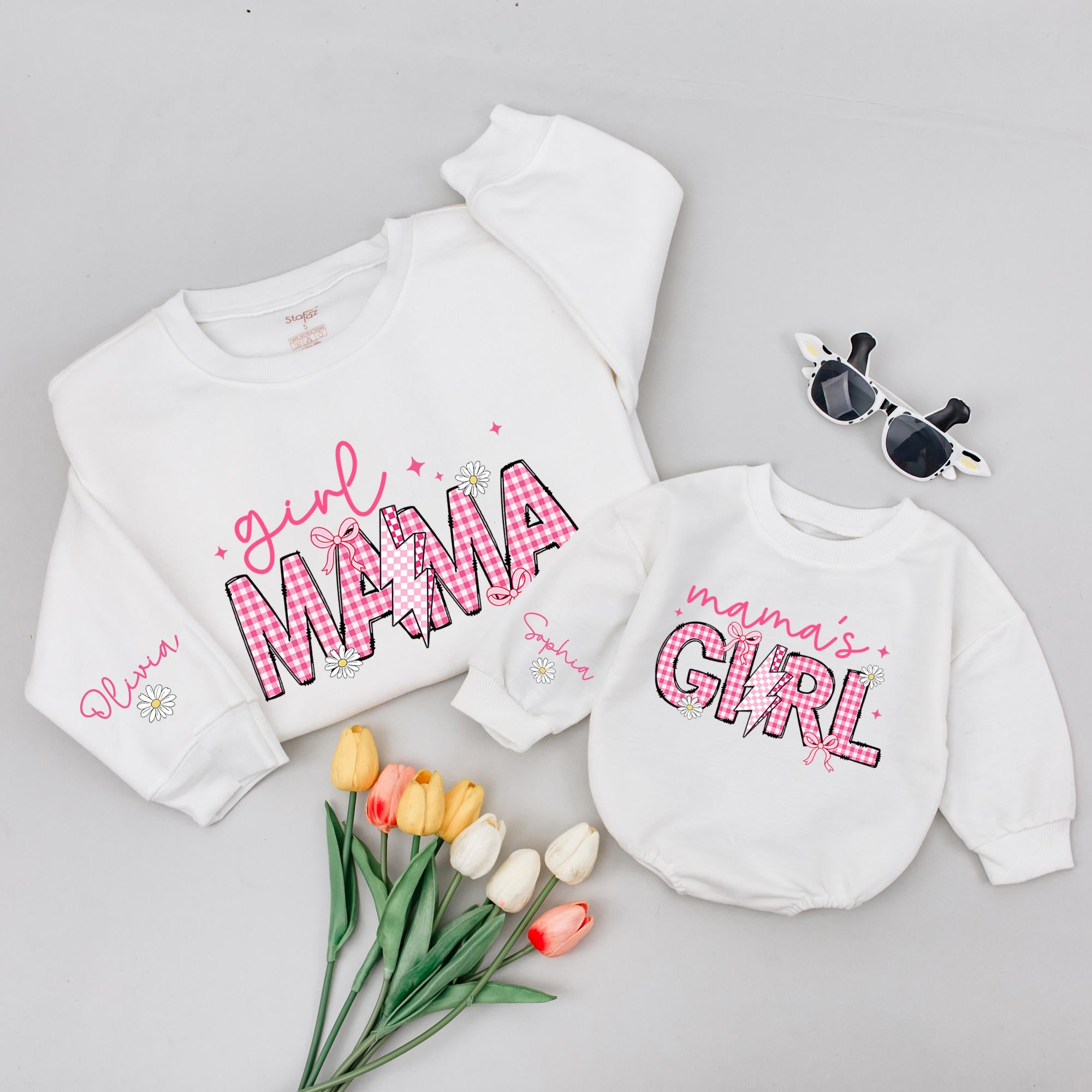 Girl Mama and Mama’s Girl Checkered Lightning Bolt Sweatshirts with Custom Names, Cute Mommy and Me Matching Outfits