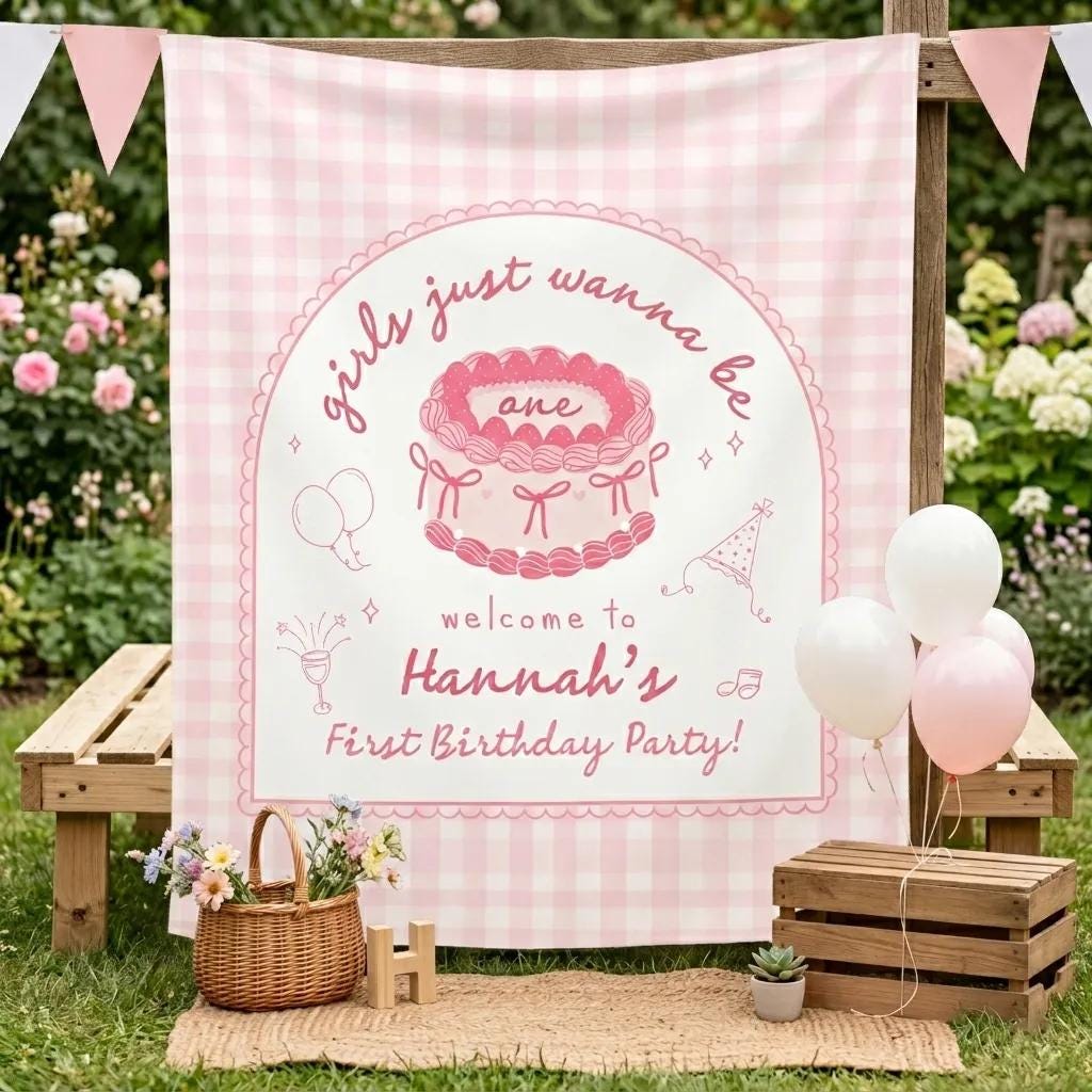 Girls Just Wanna Be One Pink Gingham 1st Birthday Banner Coquette Party Decor with Bows and Arch Frame, Custom Name Backdrop for Baby Girl
