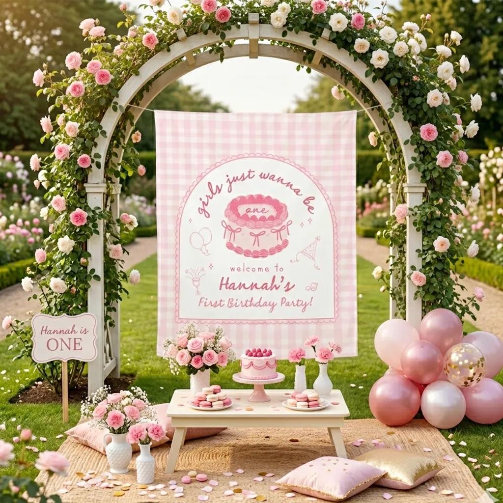 Girls Just Wanna Be One Pink Gingham 1st Birthday Banner Coquette Party Decor with Bows and Arch Frame, Custom Name Backdrop for Baby Girl