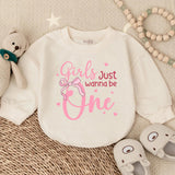 Girls Just Wanna Be One Romper Pink Birthday Outfit Baby Girl Long Sleeve Bubble Romper First Party Clothes Toddler Gift