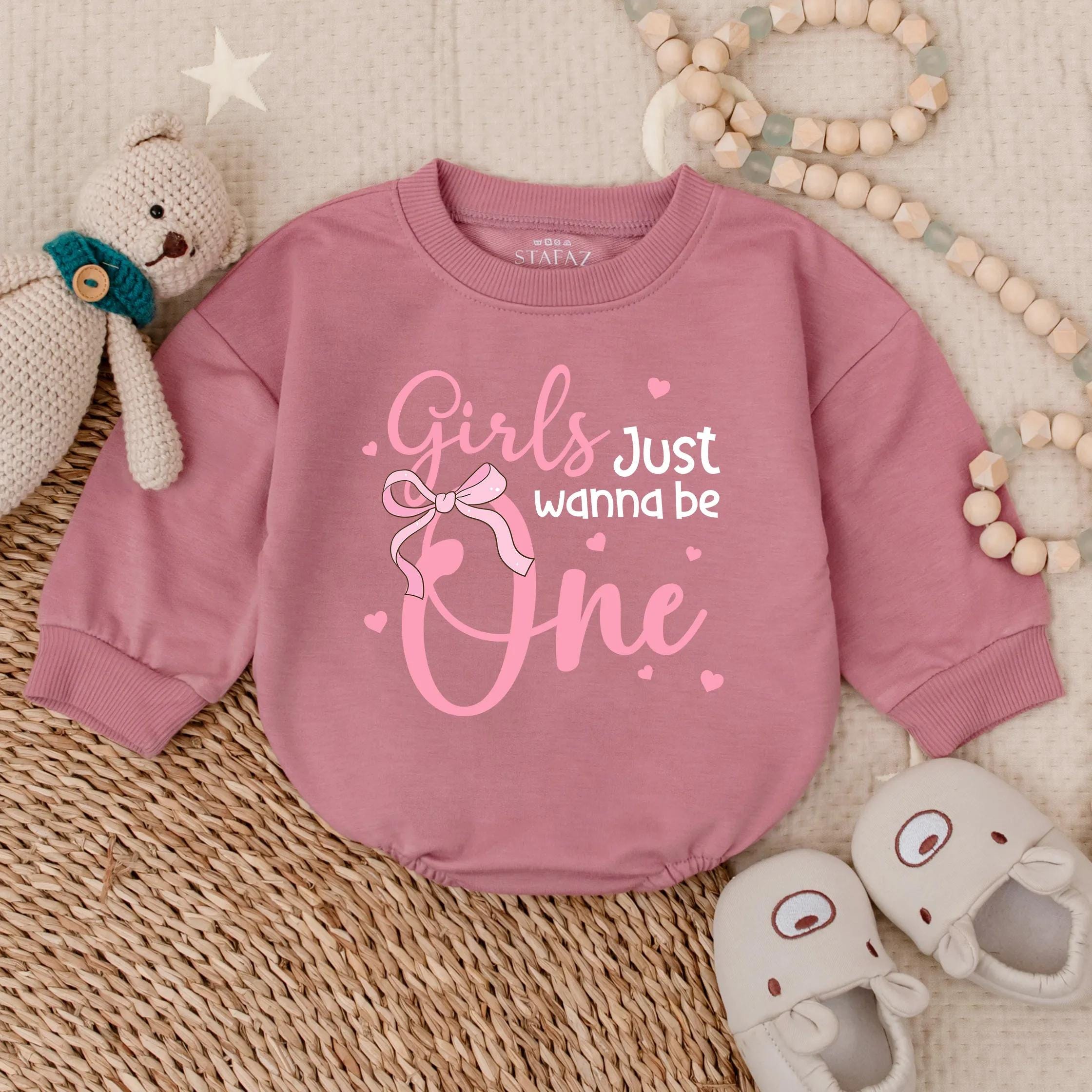 Girls Just Wanna Be One Romper Pink Birthday Outfit Baby Girl Long Sleeve Bubble Romper First Party Clothes Toddler Gift