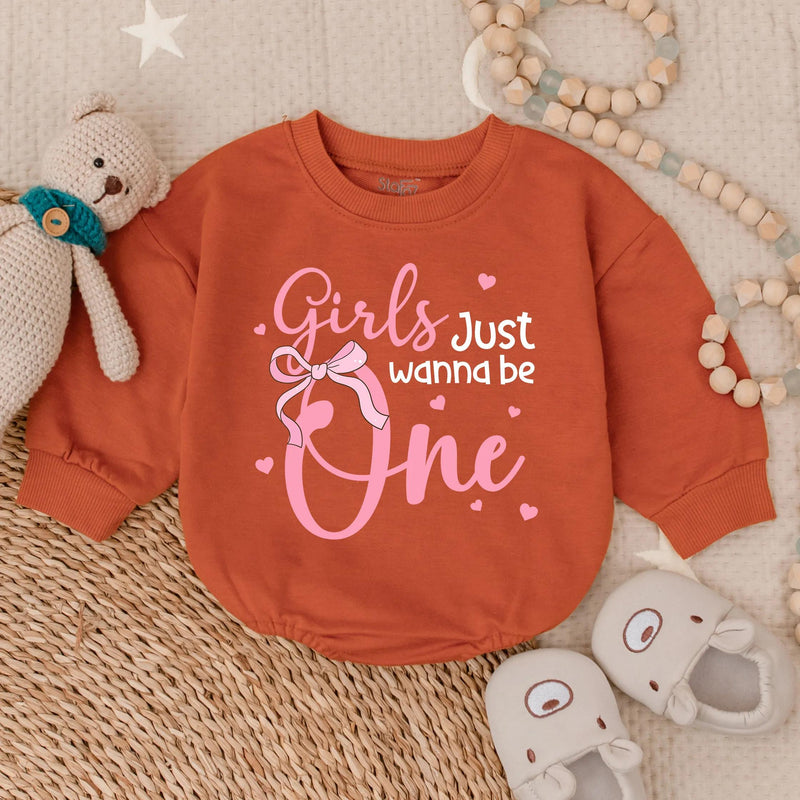 Girls Just Wanna Be One Romper Pink Birthday Outfit Baby Girl Long Sleeve Bubble Romper First Party Clothes Toddler Gift
