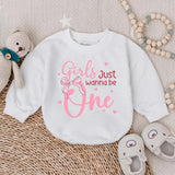Girls Just Wanna Be One Romper Pink Birthday Outfit Baby Girl Long Sleeve Bubble Romper First Party Clothes Toddler Gift