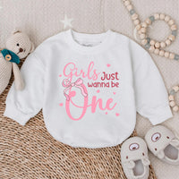 Girls Just Wanna Be One Romper Pink Birthday Outfit Baby Girl Long Sleeve Bubble Romper First Party Clothes Toddler Gift