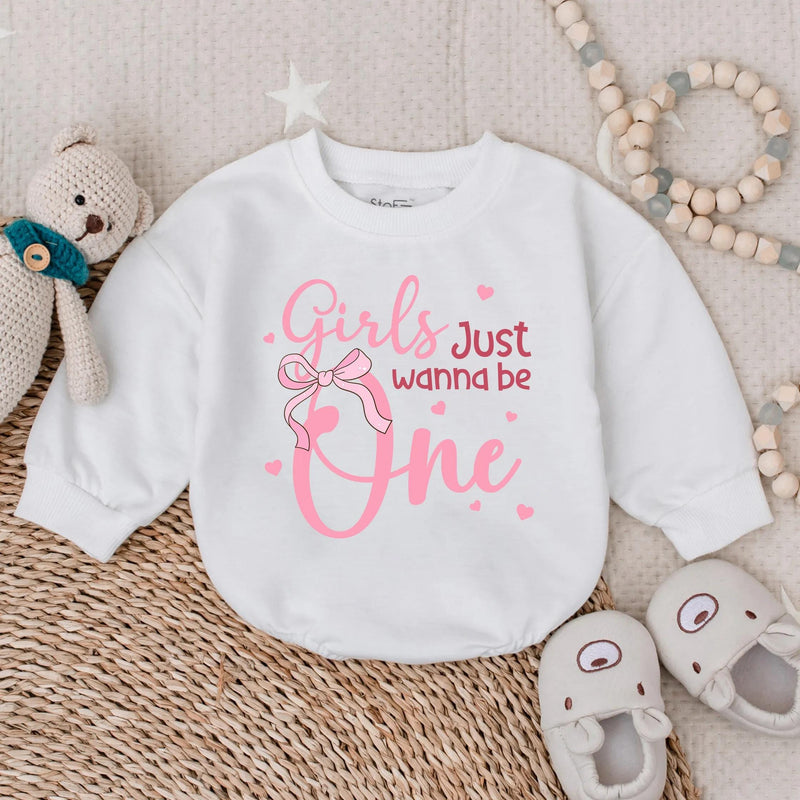 Girls Just Wanna Be One Romper Pink Birthday Outfit Baby Girl Long Sleeve Bubble Romper First Party Clothes Toddler Gift