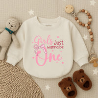 Girls Just Wanna Be One Romper Pink Birthday Outfit Baby Girl Long Sleeve Bubble Romper First Party Clothes Toddler Gift