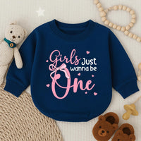 Girls Just Wanna Be One Romper Pink Birthday Outfit Baby Girl Long Sleeve Bubble Romper First Party Clothes Toddler Gift