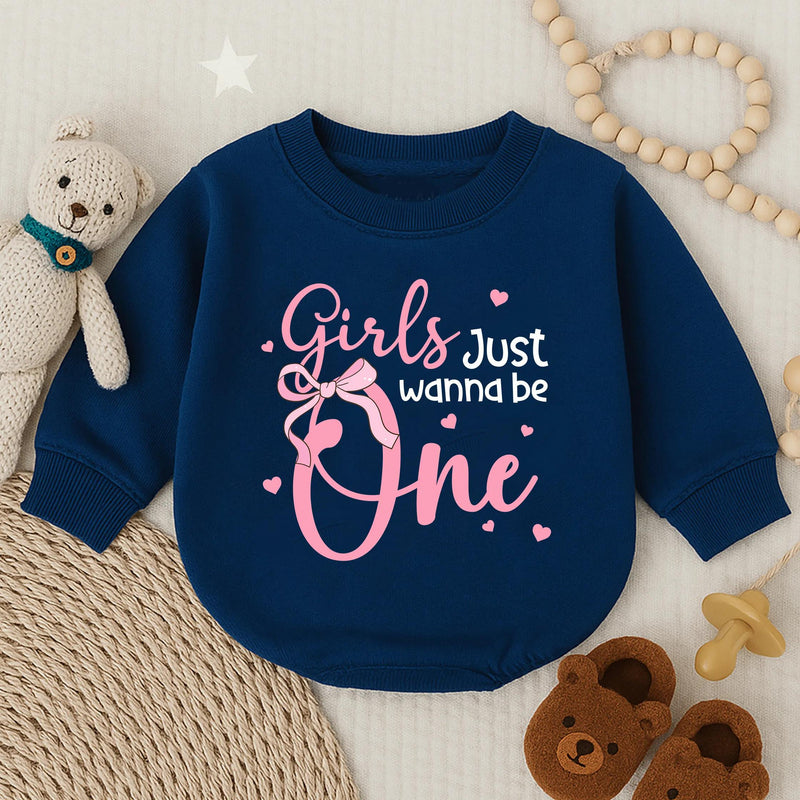 Girls Just Wanna Be One Romper Pink Birthday Outfit Baby Girl Long Sleeve Bubble Romper First Party Clothes Toddler Gift
