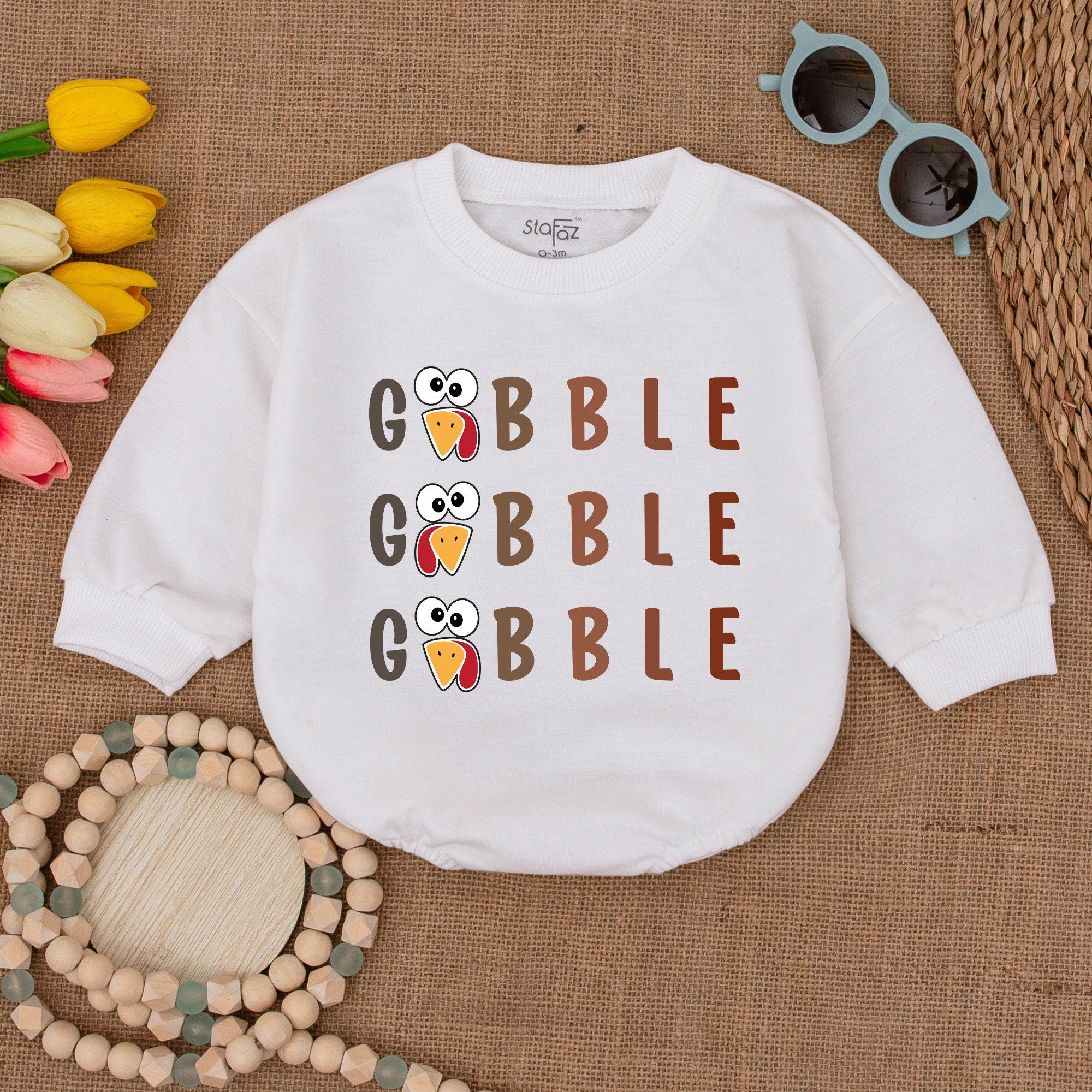 Gobble Baby Romper with Funny Turkey Face Thanksgiving Outfit Soft Cotton Fall Bodysuit for Infant or Toddler Comfortable Holiday Wear
