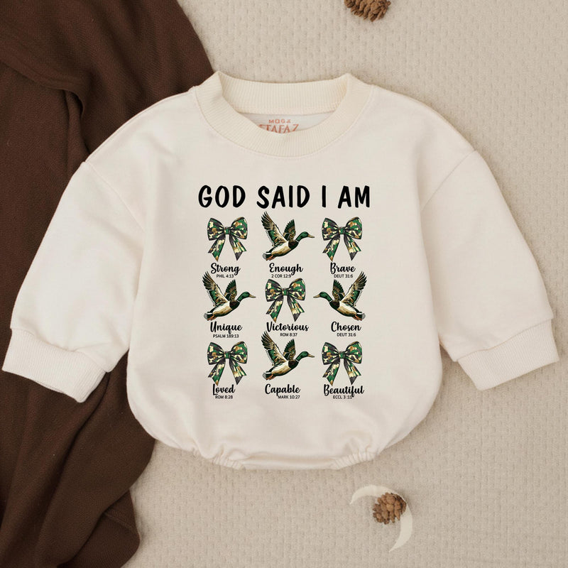 God Said I Am Baby Boy Romper with Mallard Duck Print, Long Sleeve Cotton Outfit for Southern Hunting Theme, Baby Shower Gift, Fall Wear