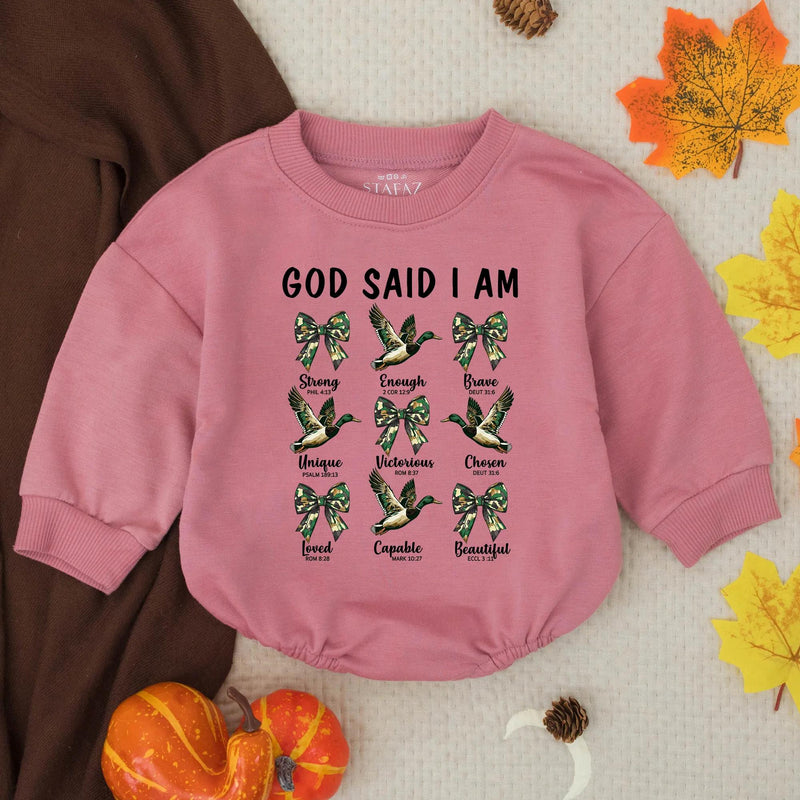 God Said I Am Baby Boy Romper with Mallard Duck Print, Long Sleeve Cotton Outfit for Southern Hunting Theme, Baby Shower Gift, Fall Wear