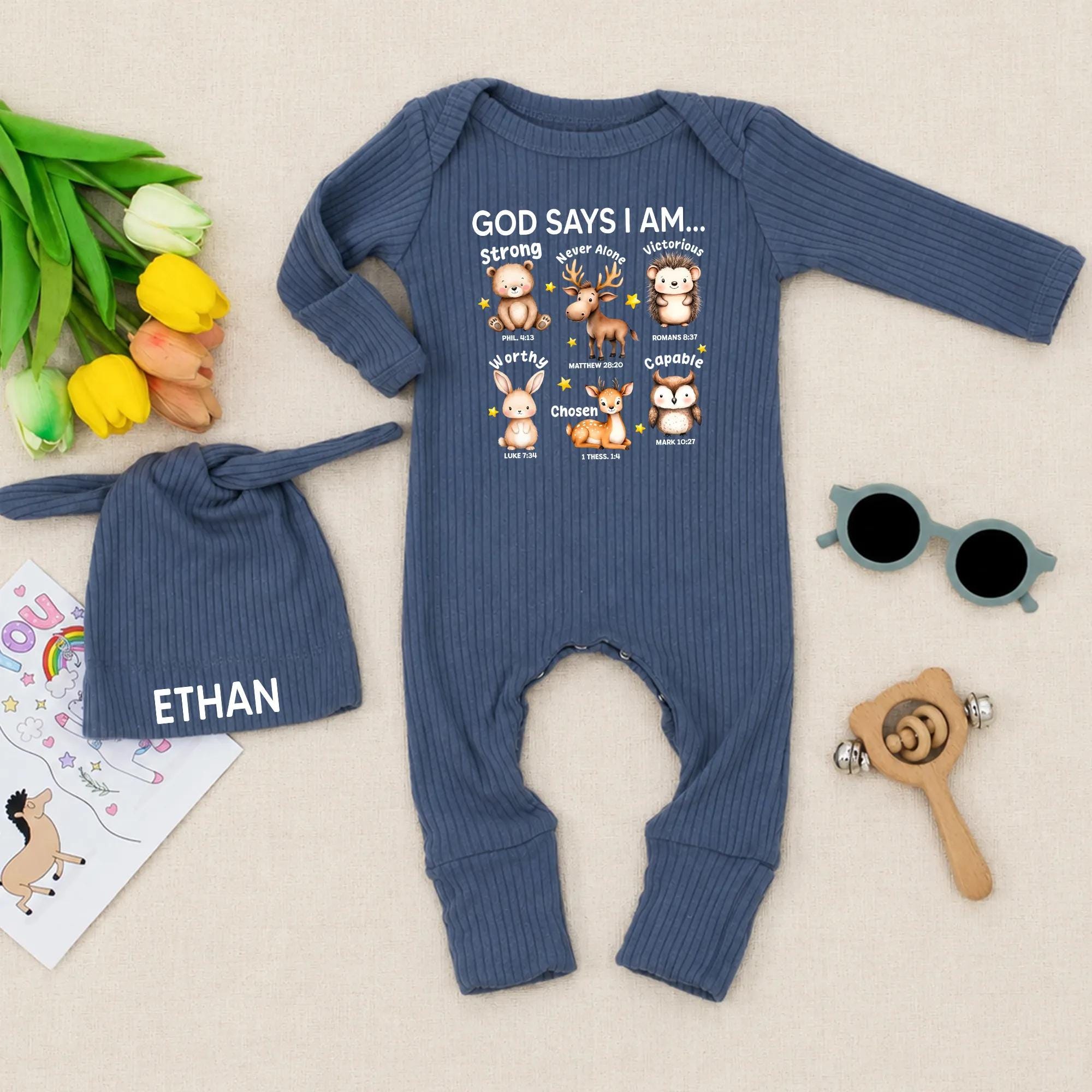 God Says I Am Baby Bodysuit with Animal Graphics and Custom Name Hat, Christian Newborn Outfit for Baptism or Baby Shower Gift