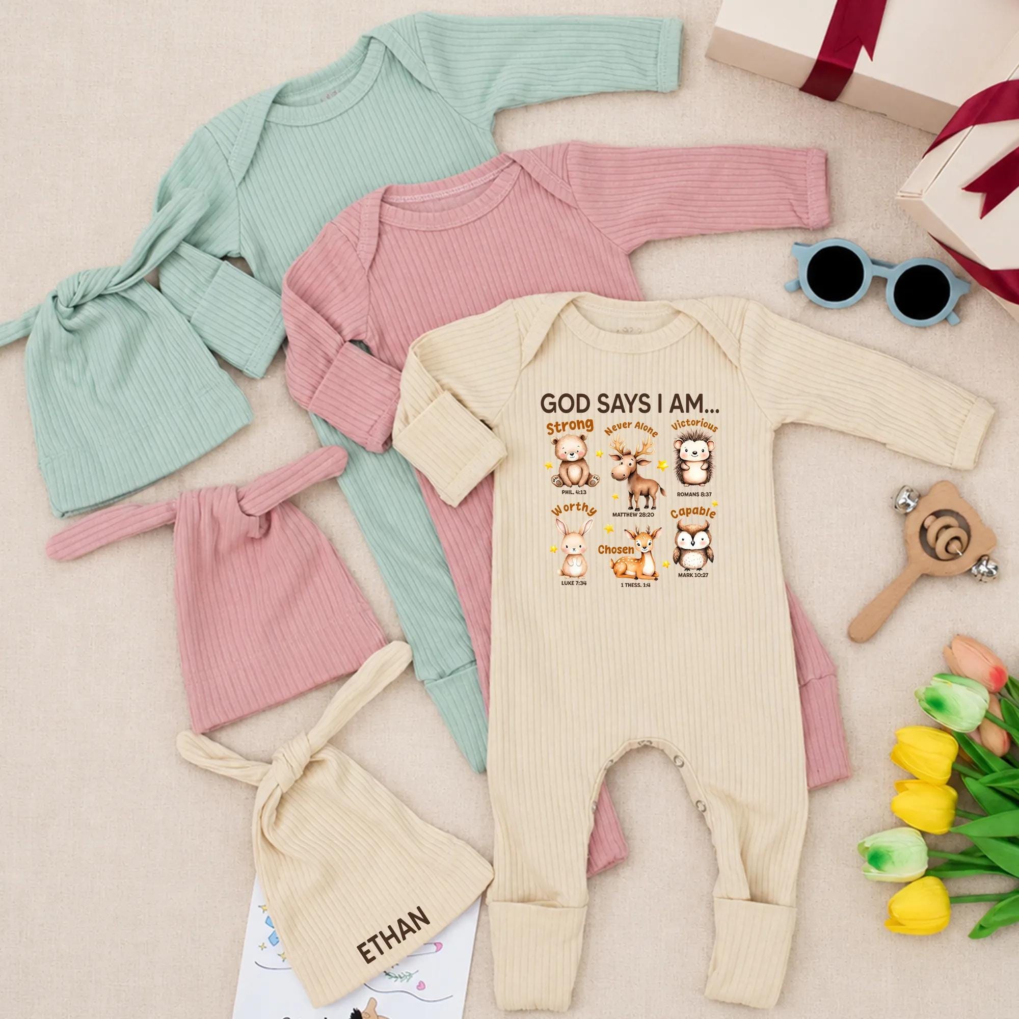 God Says I Am Baby Bodysuit with Animal Graphics and Custom Name Hat, Christian Newborn Outfit for Baptism or Baby Shower Gift