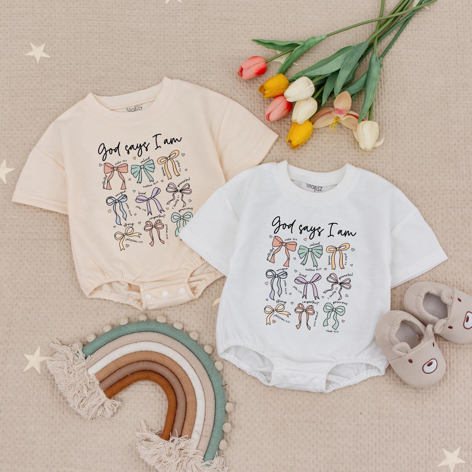 God Says I Am Baby Romper Soft Bows Christian Girl Outfit Infant Sunday Apparel Gift