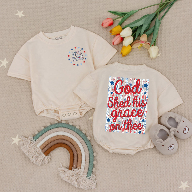 God Shed His Grace Toddler Romper, Patriotic Matching Family 4th of July Outfit, Soft Cotton Baby Independence Day Shirt for Summer