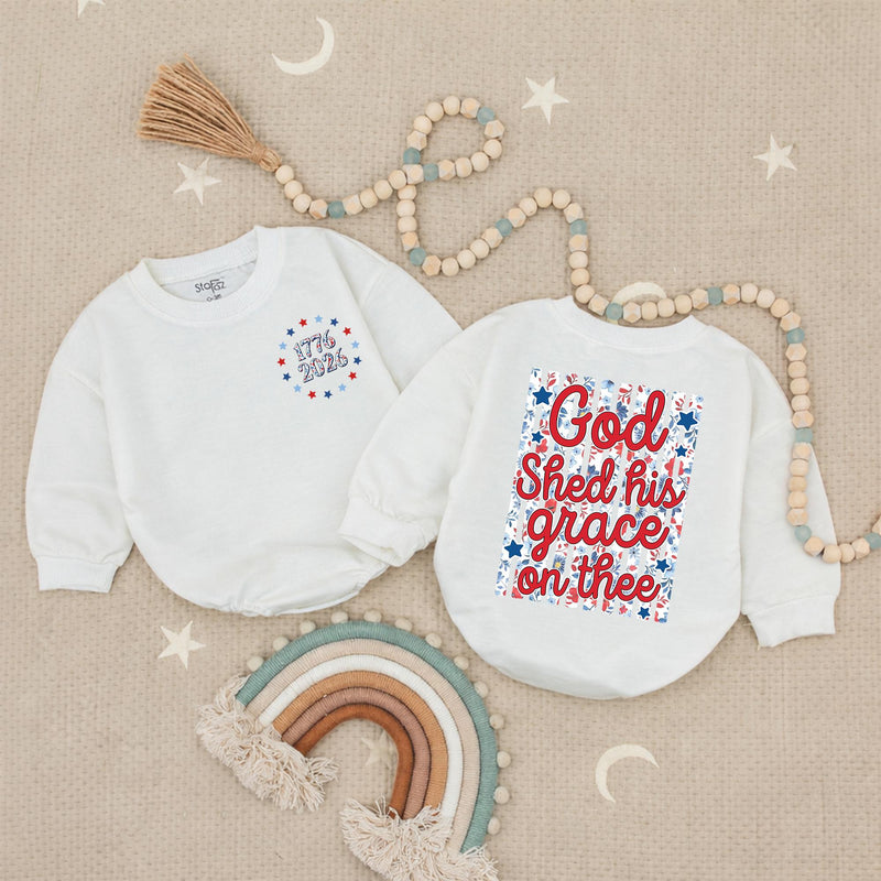 God Shed His Grace Toddler Romper, Patriotic Matching Family 4th of July Outfit, Soft Cotton Baby Independence Day Shirt for Summer