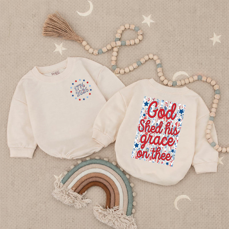 God Shed His Grace Toddler Romper, Patriotic Matching Family 4th of July Outfit, Soft Cotton Baby Independence Day Shirt for Summer