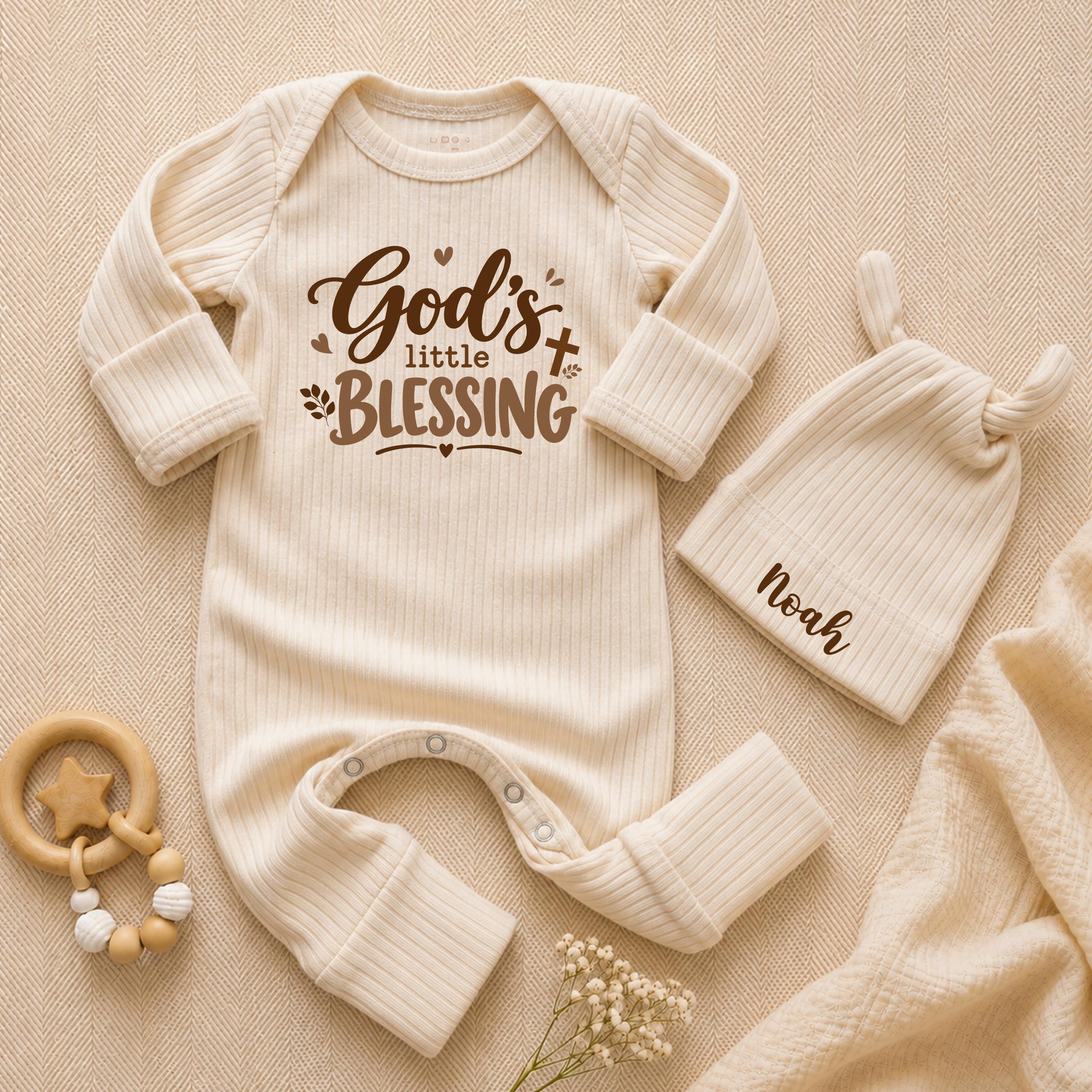 God's Little Blessing Baby Bodysuit and Hat Set with Custom Name, Christian Newborn Outfit, Baby Shower Gift, Coming Home Clothes