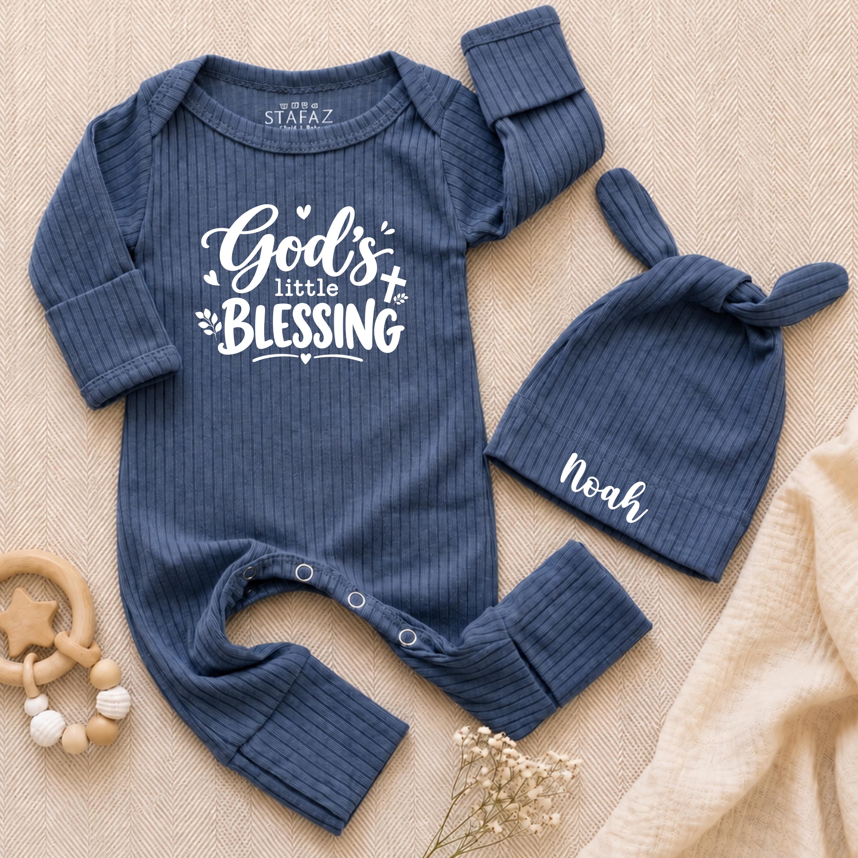 God's Little Blessing Baby Bodysuit and Hat Set with Custom Name, Christian Newborn Outfit, Baby Shower Gift, Coming Home Clothes