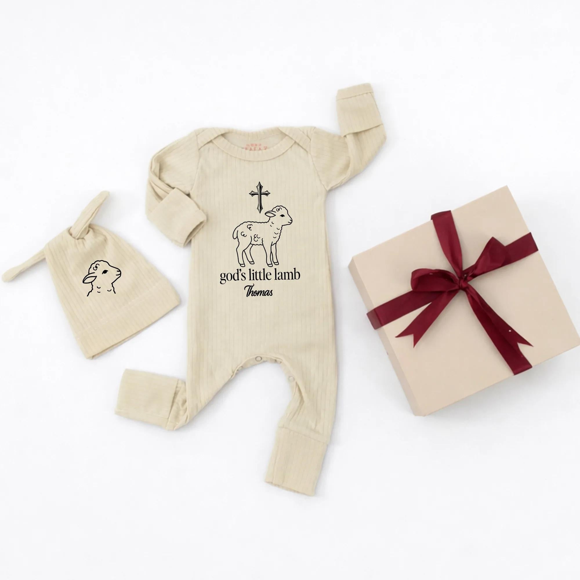 God's Little Lamb Baby Bodysuit and Hat Set with Custom Name, Christian Newborn Outfit, Religious Coming Home Gift for Baby
