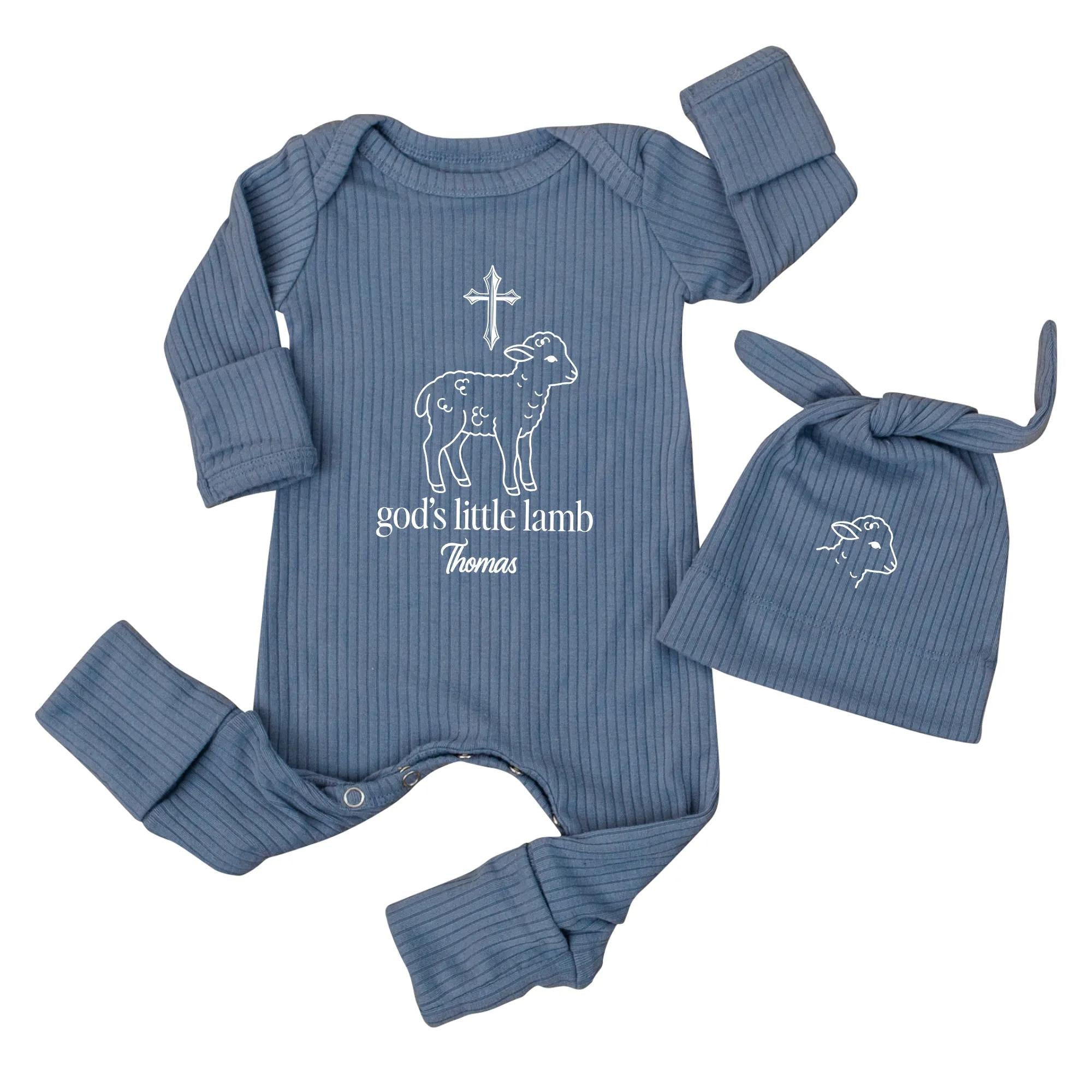 God's Little Lamb Baby Bodysuit and Hat Set with Custom Name, Christian Newborn Outfit, Religious Coming Home Gift for Baby