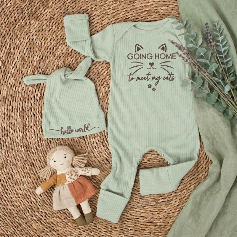 Custom Baby Bodysuit with Cat Print 'Going Home to Meet My Cats', Soft Cotton Newborn Outfit with Hat, Perfect for Hospital or Baby Shower