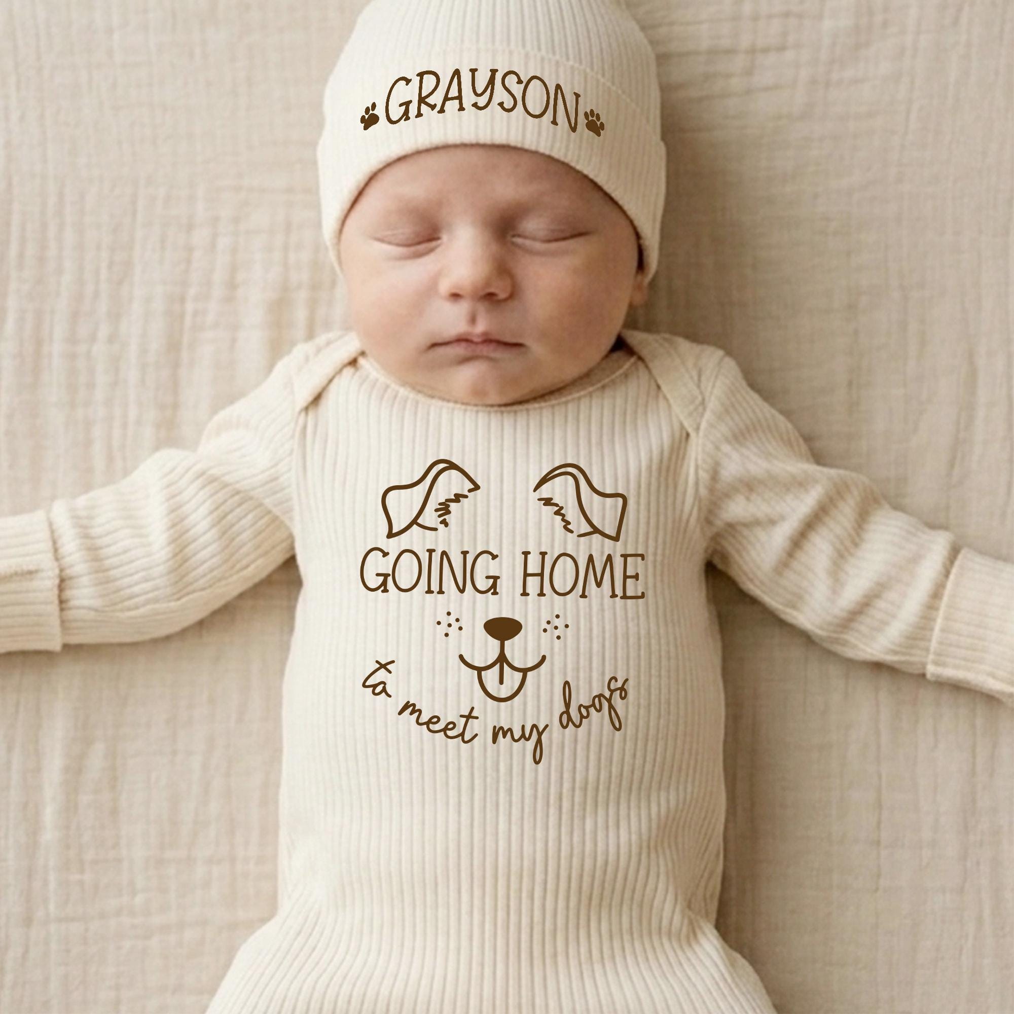 Going Home to Meet My Dogs Baby Bodysuit and Hat Set with Custom Name, Newborn Coming Home Outfit for Dog-Loving Families