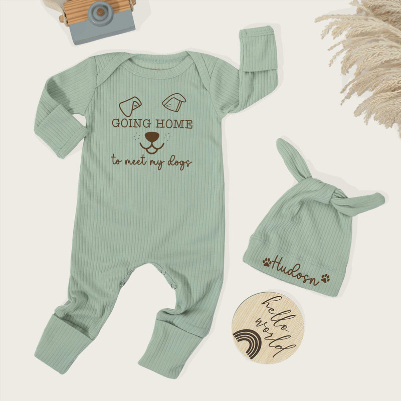 Going Home to Meet My Dogs Baby Outfit with Custom Name Hat Set Newborn Coming Home Bodysuit Dog Lover Gift Soft Cotton Clothing