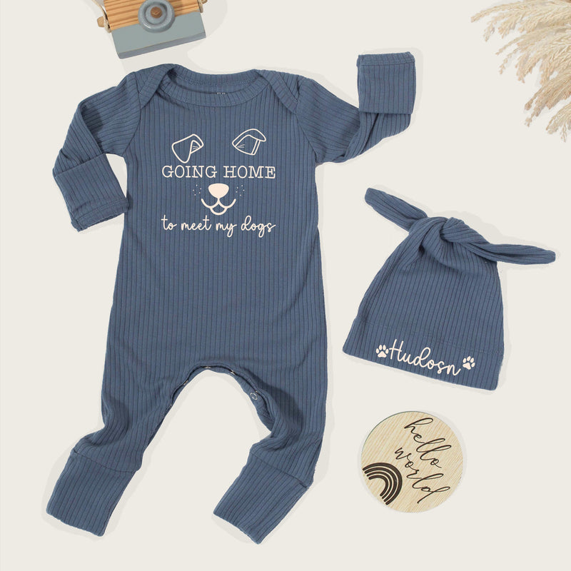 Going Home to Meet My Dogs Baby Outfit with Custom Name Hat Set Newborn Coming Home Bodysuit Dog Lover Gift Soft Cotton Clothing