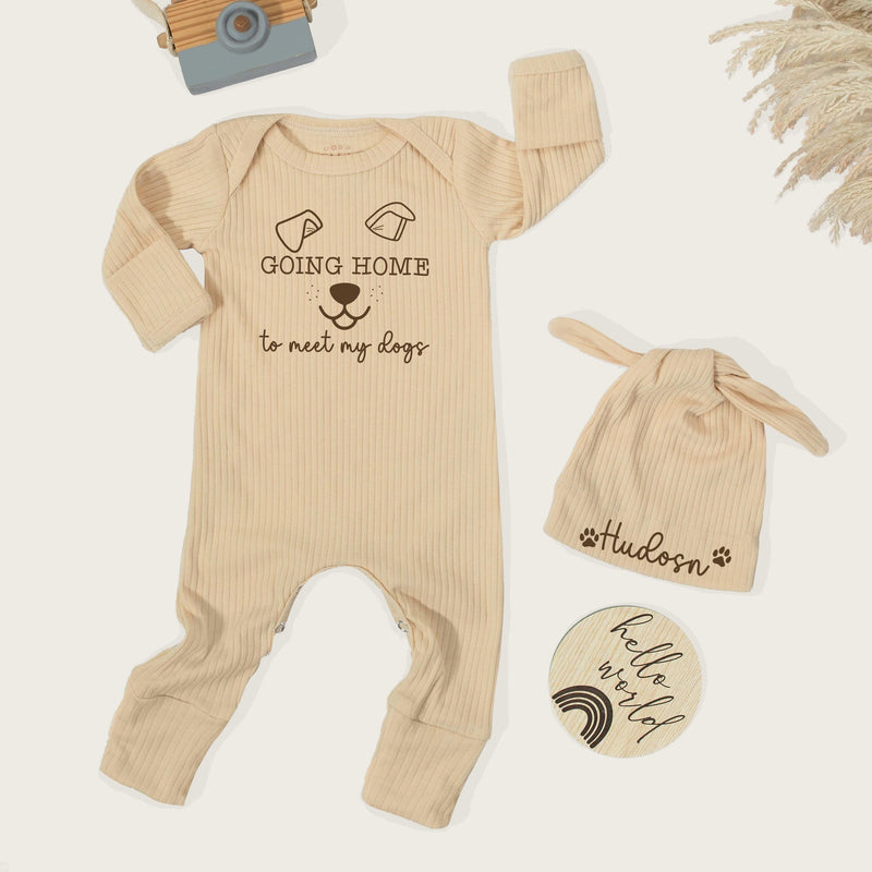 Going Home to Meet My Dogs Baby Outfit with Custom Name Hat Set Newborn Coming Home Bodysuit Dog Lover Gift Soft Cotton Clothing