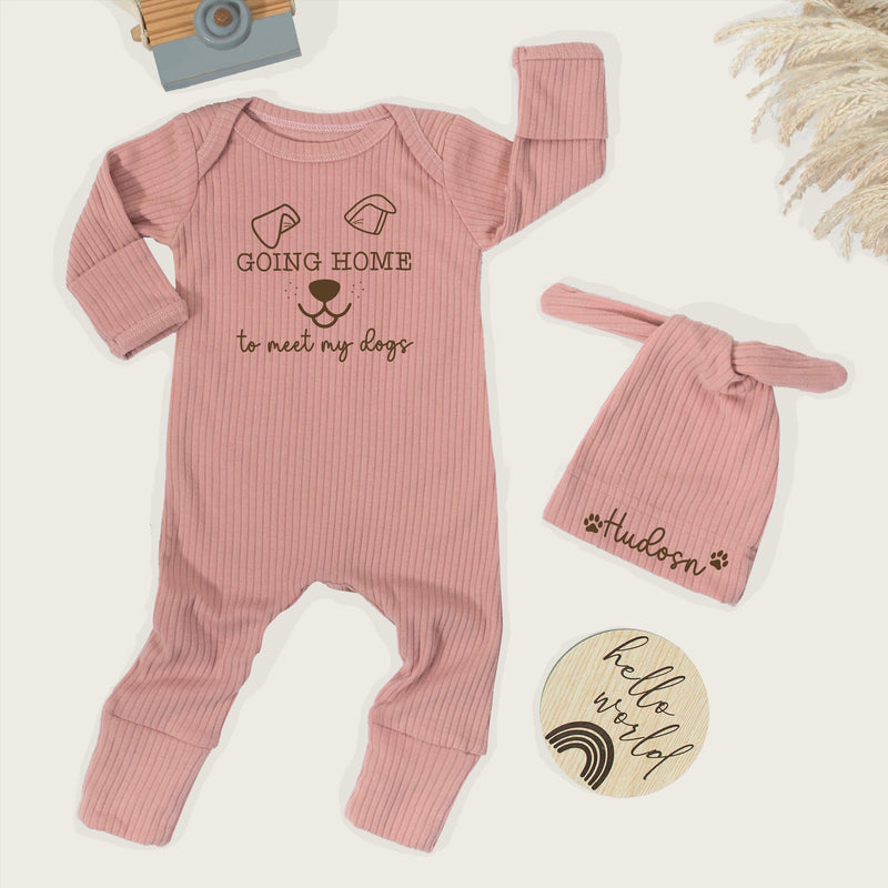 Going Home to Meet My Dogs Baby Outfit with Custom Name Hat Set Newborn Coming Home Bodysuit Dog Lover Gift Soft Cotton Clothing