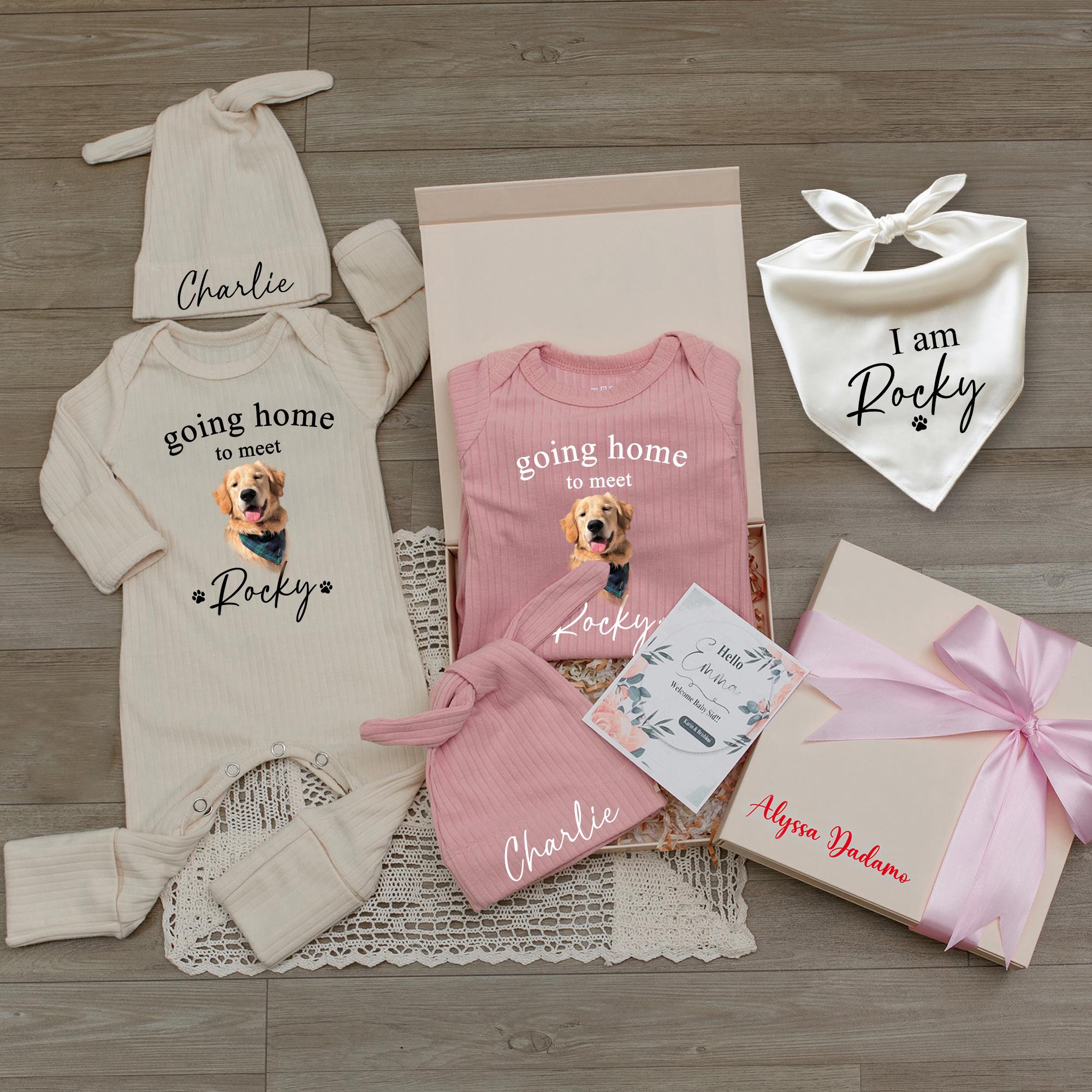 Going Home to Meet My Pups Baby Bodysuit & Hat Set with Custom Name, Newborn Coming Home Outfit for Dog Lovers, Baby Shower Gift