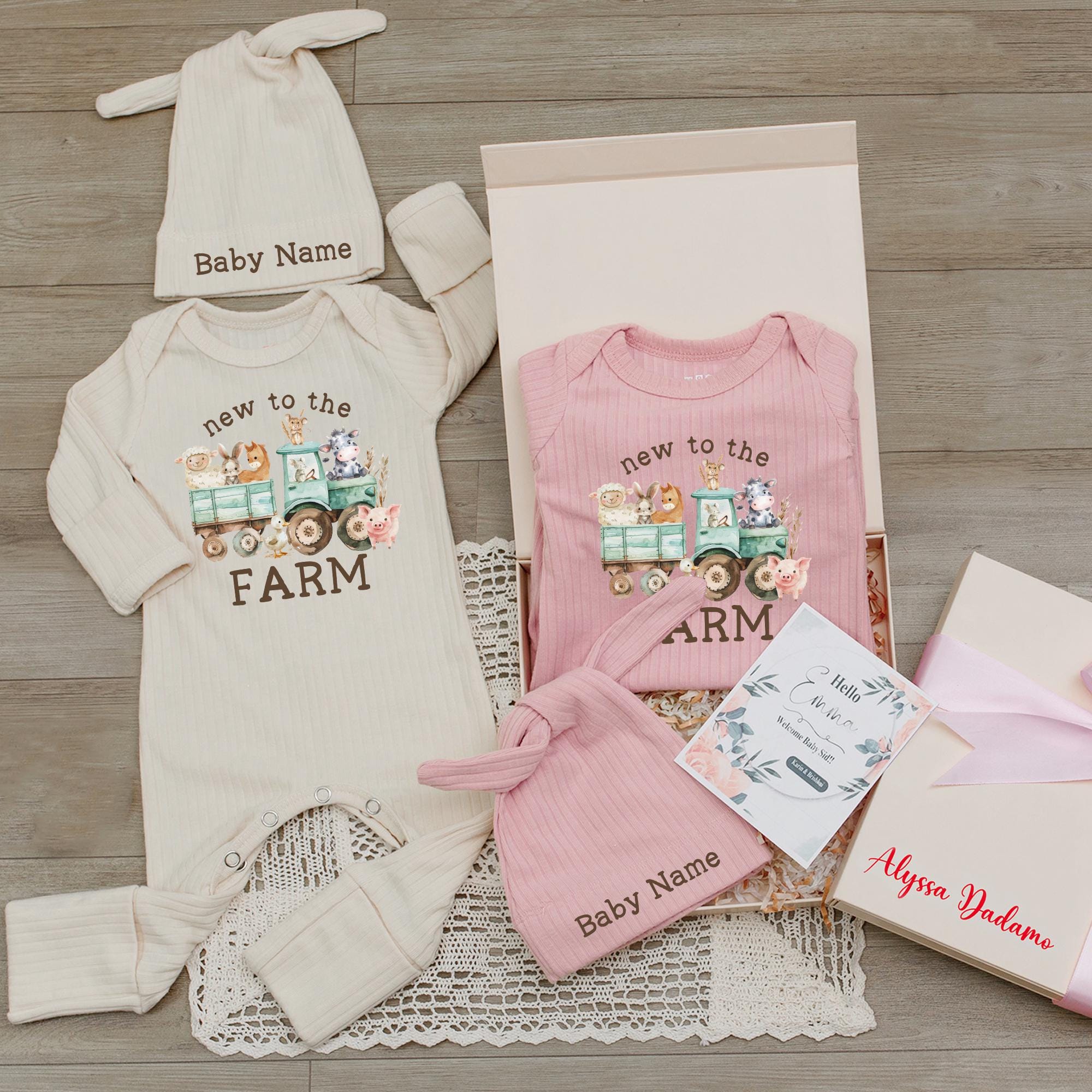 Going Home Outfit, Personalized Newborn Coming Home Farm Animal Bodysuit And Hat, Watercolor New To The Farm Baby Newborn
