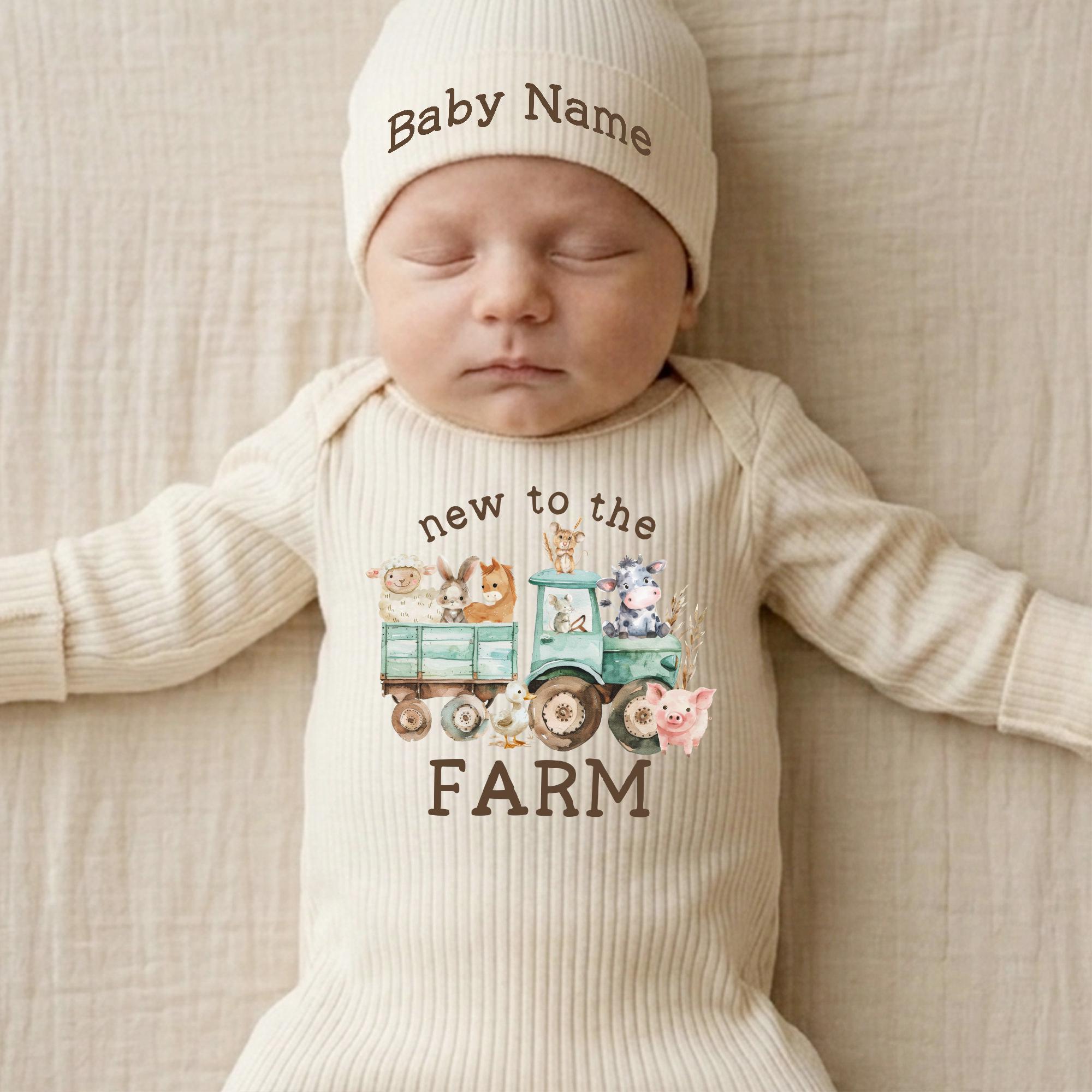 Going Home Outfit, Personalized Newborn Coming Home Farm Animal Bodysuit And Hat, Watercolor New To The Farm Baby Newborn