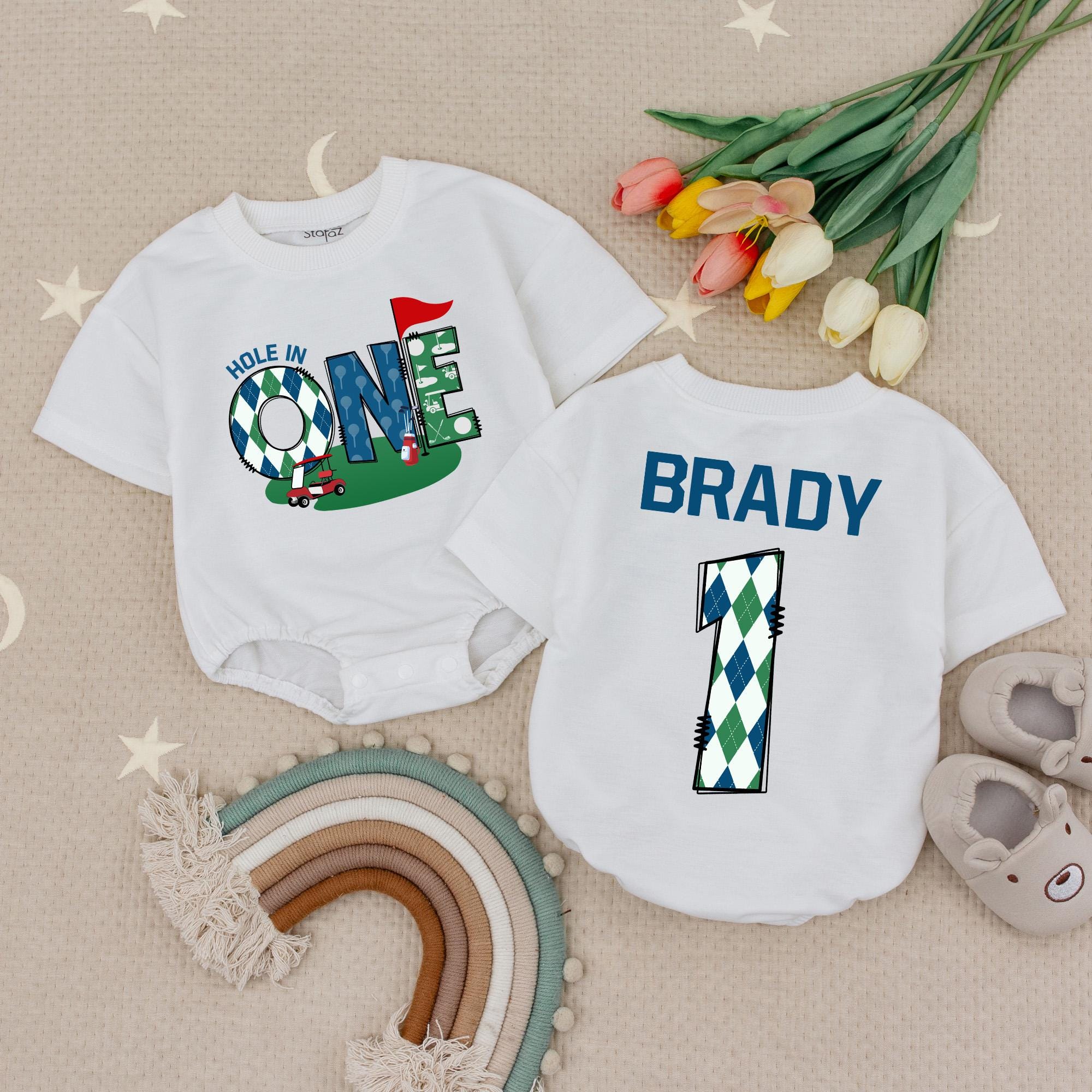 Golf-Themed 1st Birthday Baby Romper with Playful Design, Personalized Name Brady, Comfortable Cotton Outfit for Boys Party Celebration