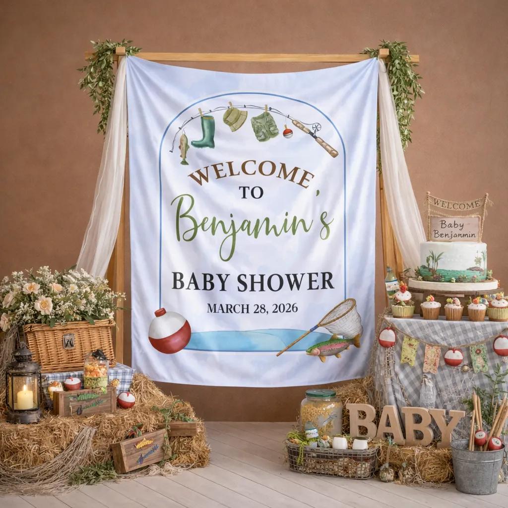 Gone Fishing Baby Shower Welcome Sign Custom Decor for Benjamin's Party with Watercolor Fishing Theme and Personalized Name and Date