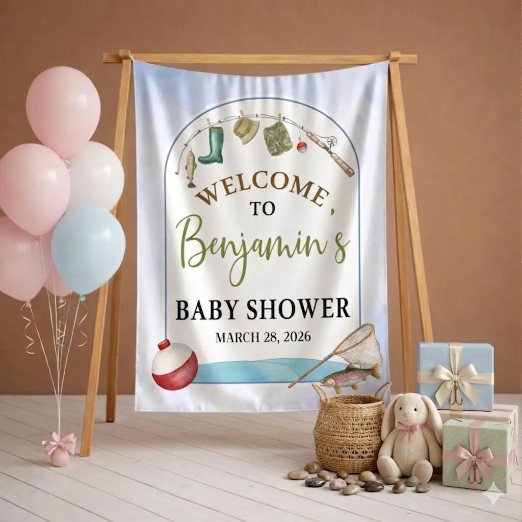 Gone Fishing Baby Shower Welcome Sign Custom Decor for Benjamin's Party with Watercolor Fishing Theme and Personalized Name and Date