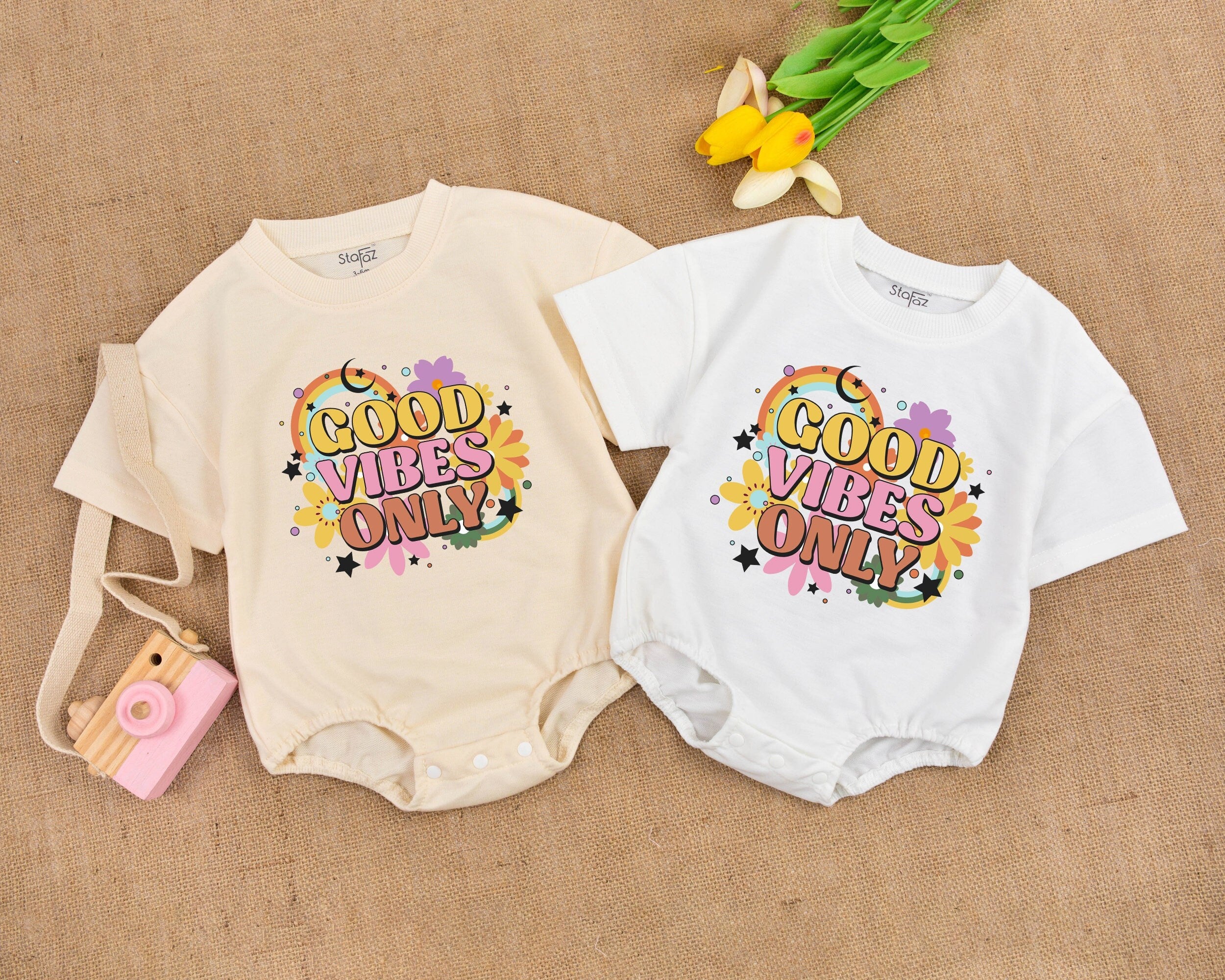 Good Vibes Only Baby Romper Retro Boho Birthday Outfit Soft Cotton Summer Infant Bodysuit Colorful Flowers Stars Moon Design