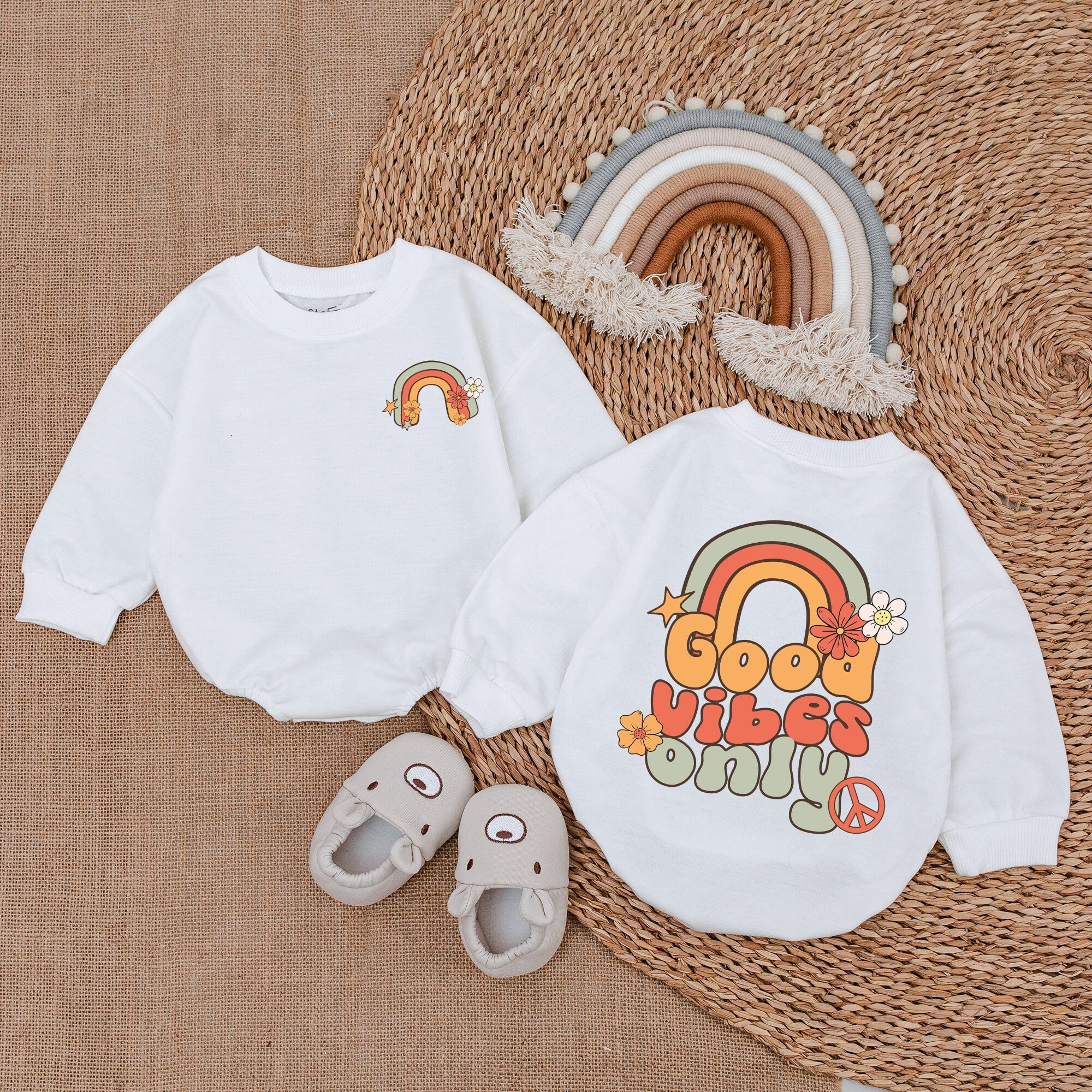 Good Vibes Only Baby Romper Retro Rainbow Groovy Outfit for Girls Birthday Hippie Style Floral Cotton Comfort Newborn Infant Gift