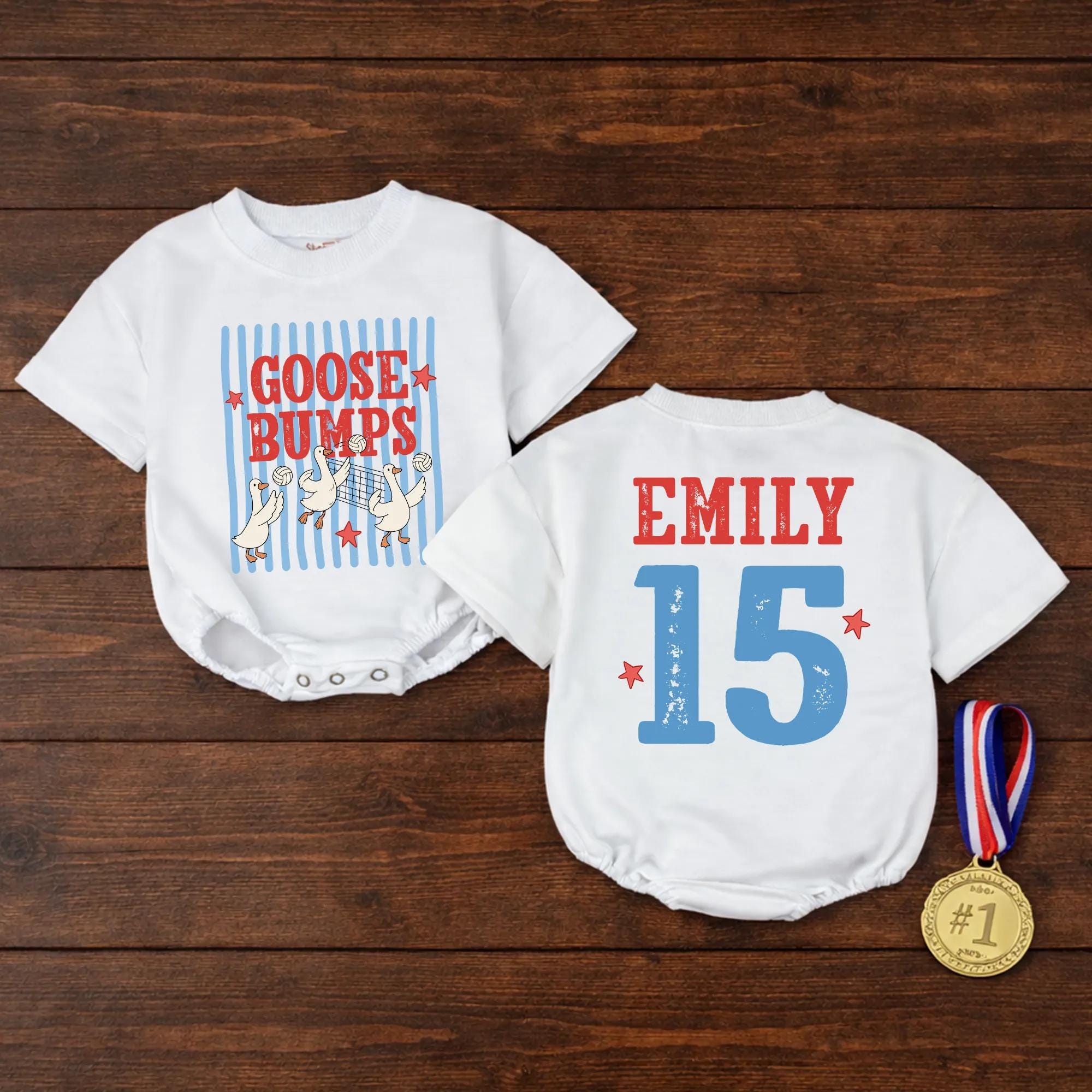 Goose Bumps Volleyball Baby Romper with Retro Sports Graphic and Custom Name, Matching Family Game Day Outfit for Kids