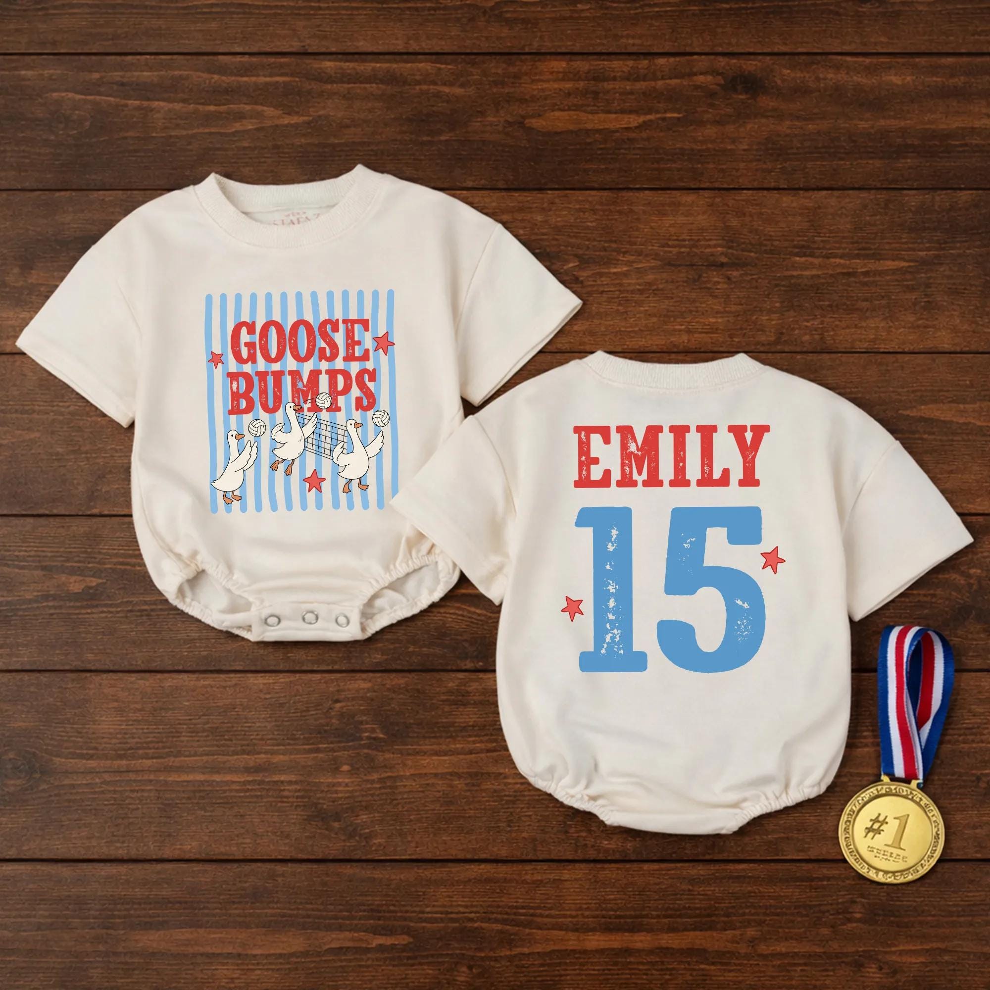 Goose Bumps Volleyball Baby Romper with Retro Sports Graphic and Custom Name, Matching Family Game Day Outfit for Kids